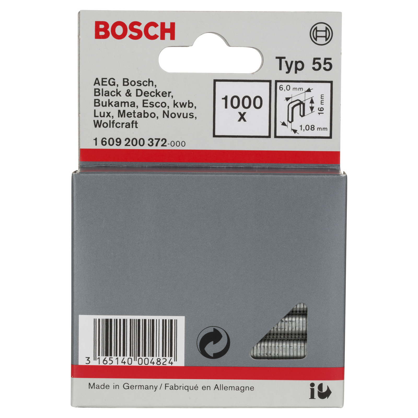 Bosch 1.000x Schmalrückenklammer Typ 55, 6 x 1,08 x 16 mm - 1609200372