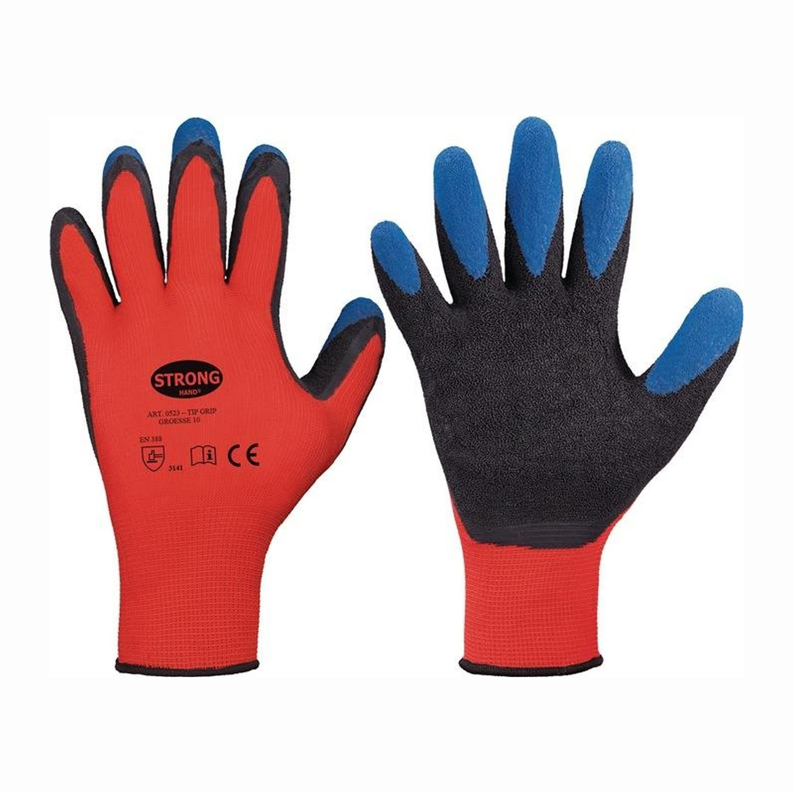 12 Paar STRONGHAND Handschuhe Tip Grip rot / schwarz / blau EN 388 PSA II