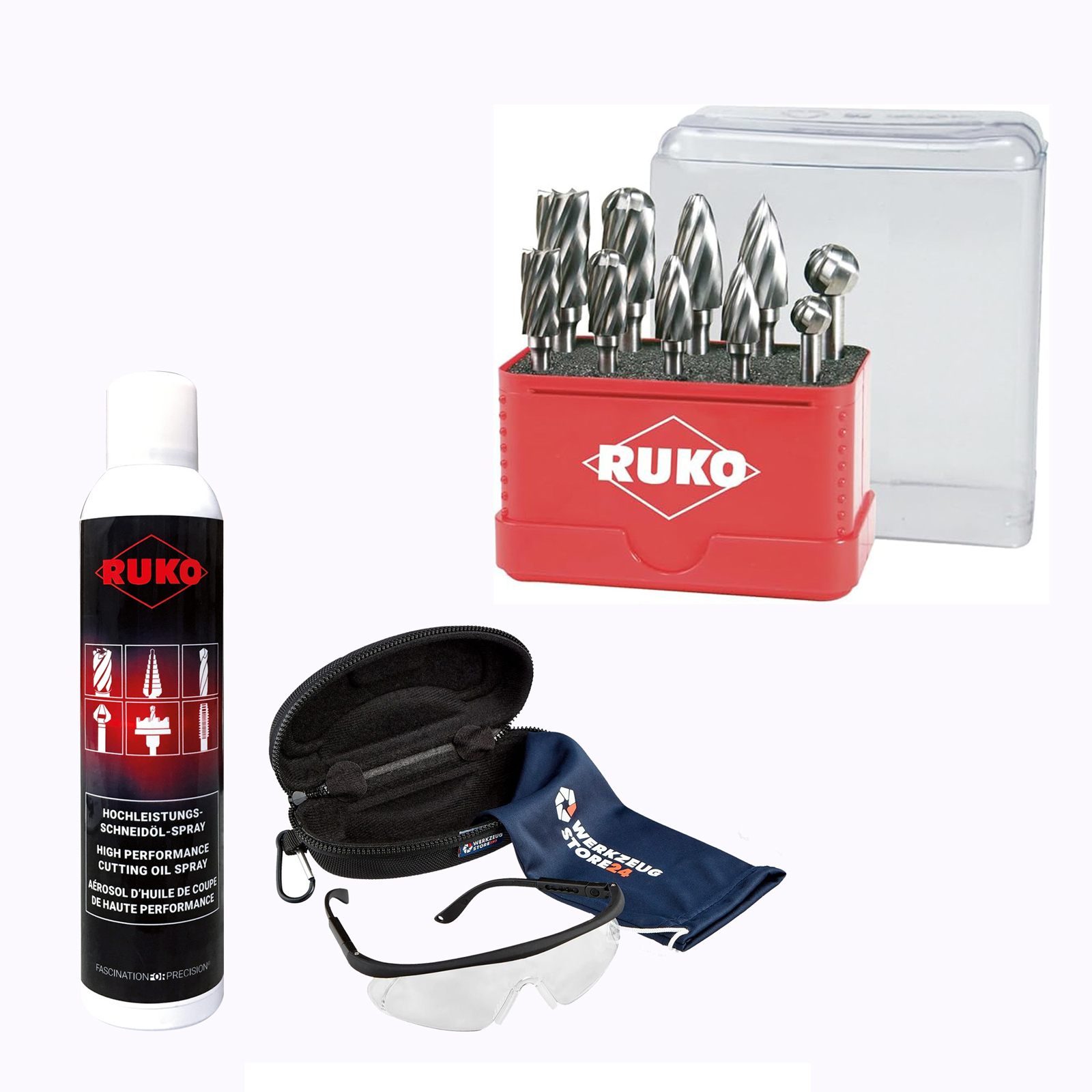 RUKO Hartmetall-Frässtifte-Satz HM, 10tlg., Zylinderschaft, Kreuzverzahnung rechtsschneidend inkl. Spray & Schutzbrille - WZS116002