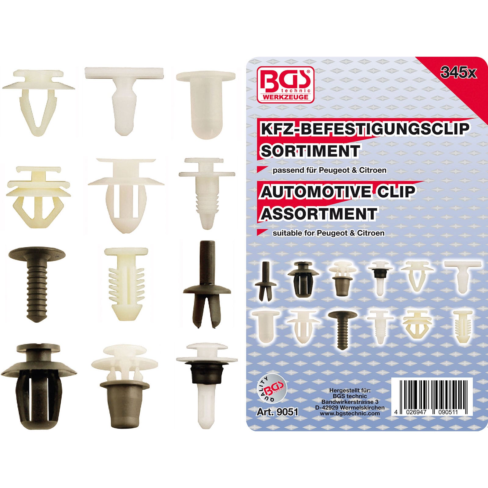 BGS KFZ-Befestigungsclip-Sortiment für Peugeot / Citroen 345tlg. - 9051