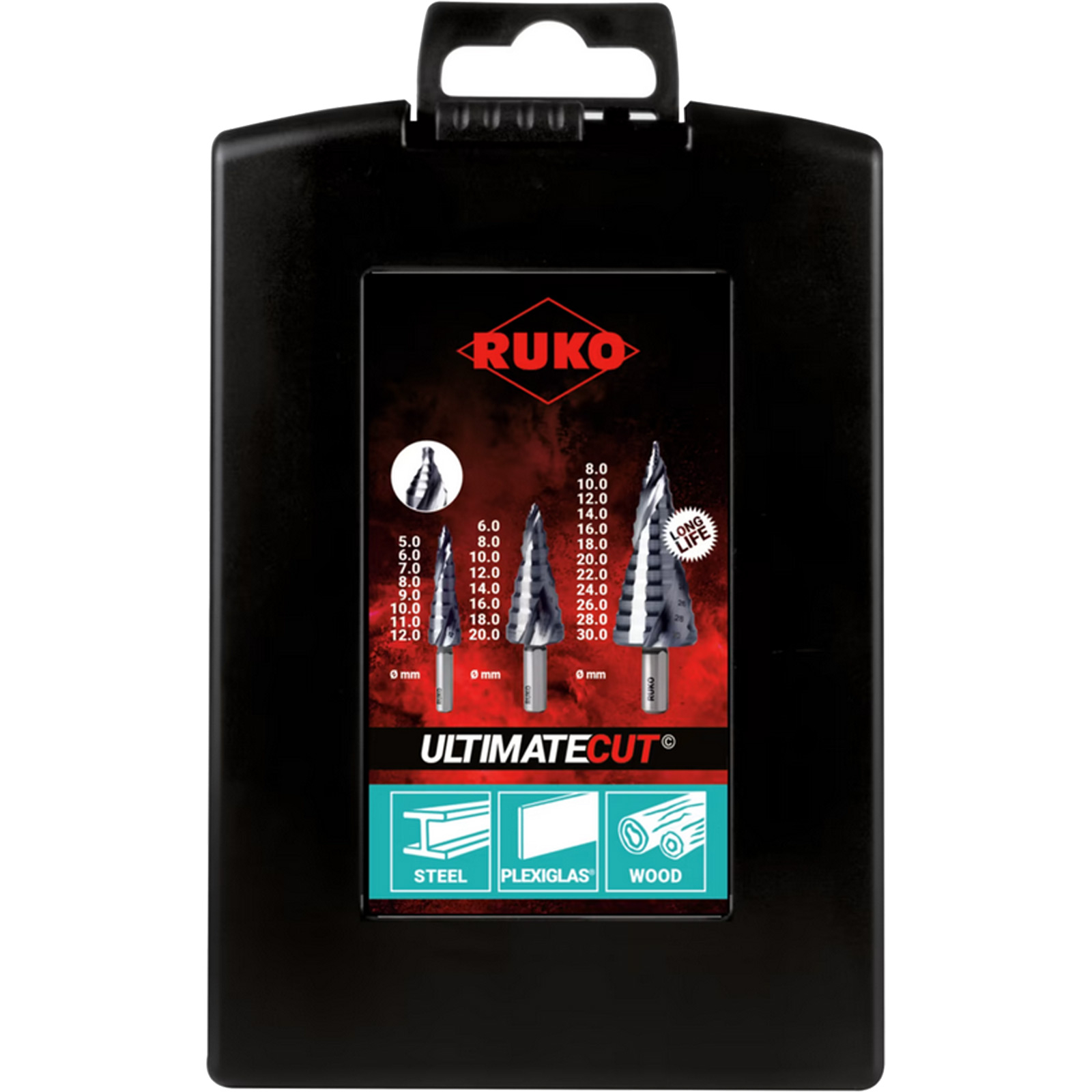 RUKO ULTIMATECUT Stufenbohrer-Satz HSS RUnaTEC mit FLOWSTEP® Spitze in Kunststoffkassette 3 teilig - 101626PRO