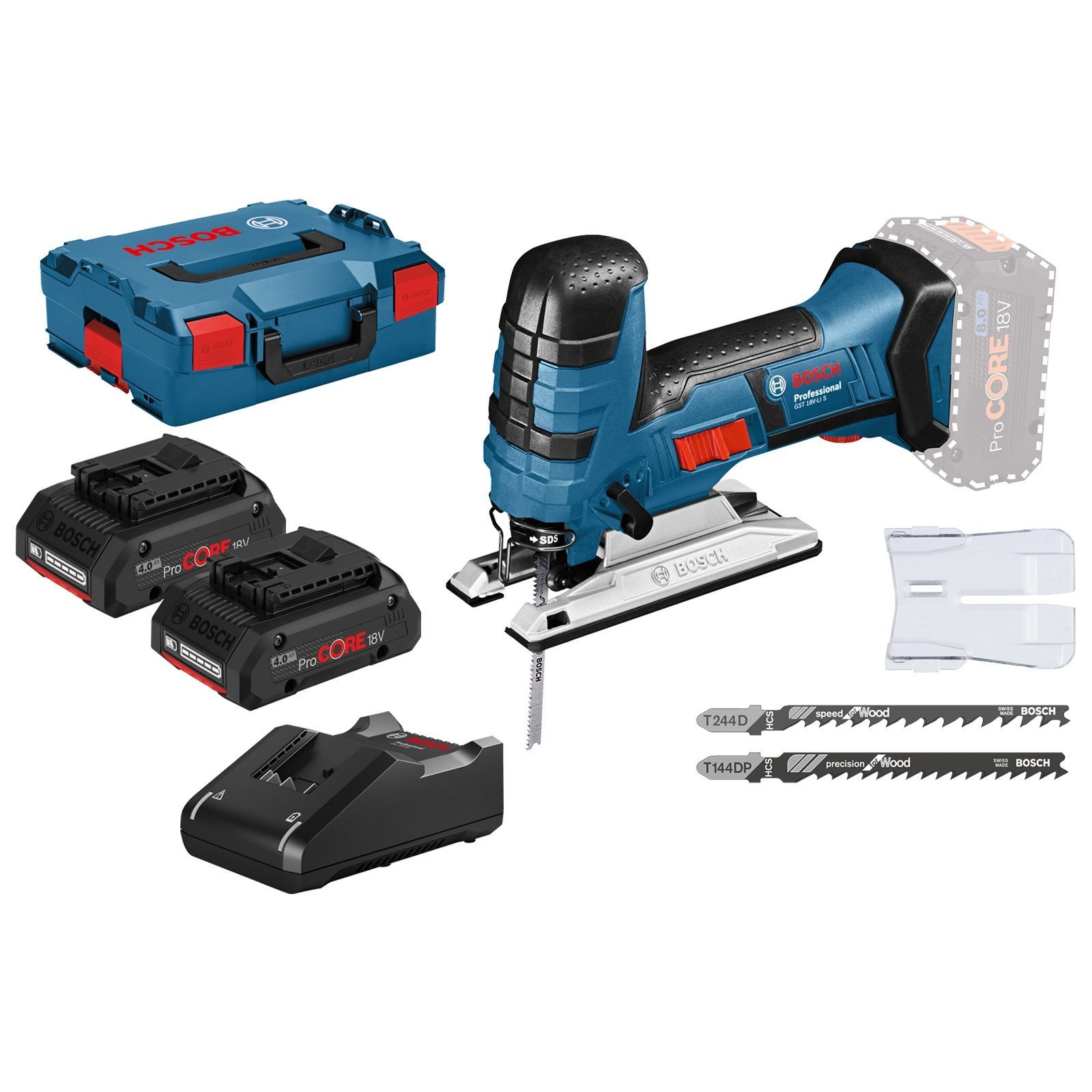 Bosch Akku-Stichsäge GST 18V-LI S / 2x 4,0 Ah ProCORE18V Akku + Ladegerät in L-Boxx