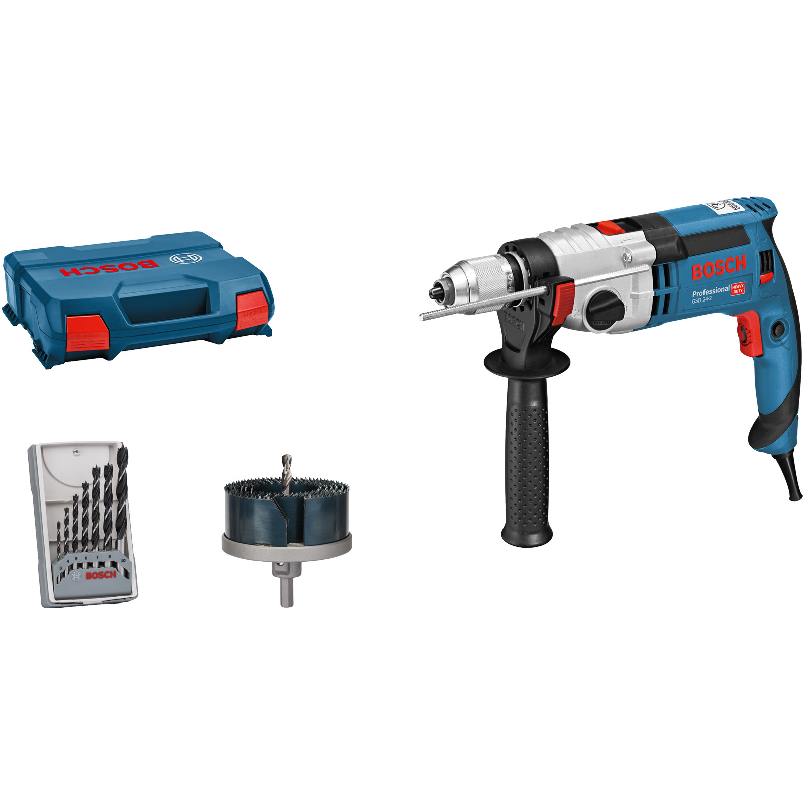 Bosch Schlagbohrmaschine GSB 24-2 1.100 Watt inkl. Bohrfutter + Holzbohrer-Set + Lochsäge-Set in L-Case - 060119C802