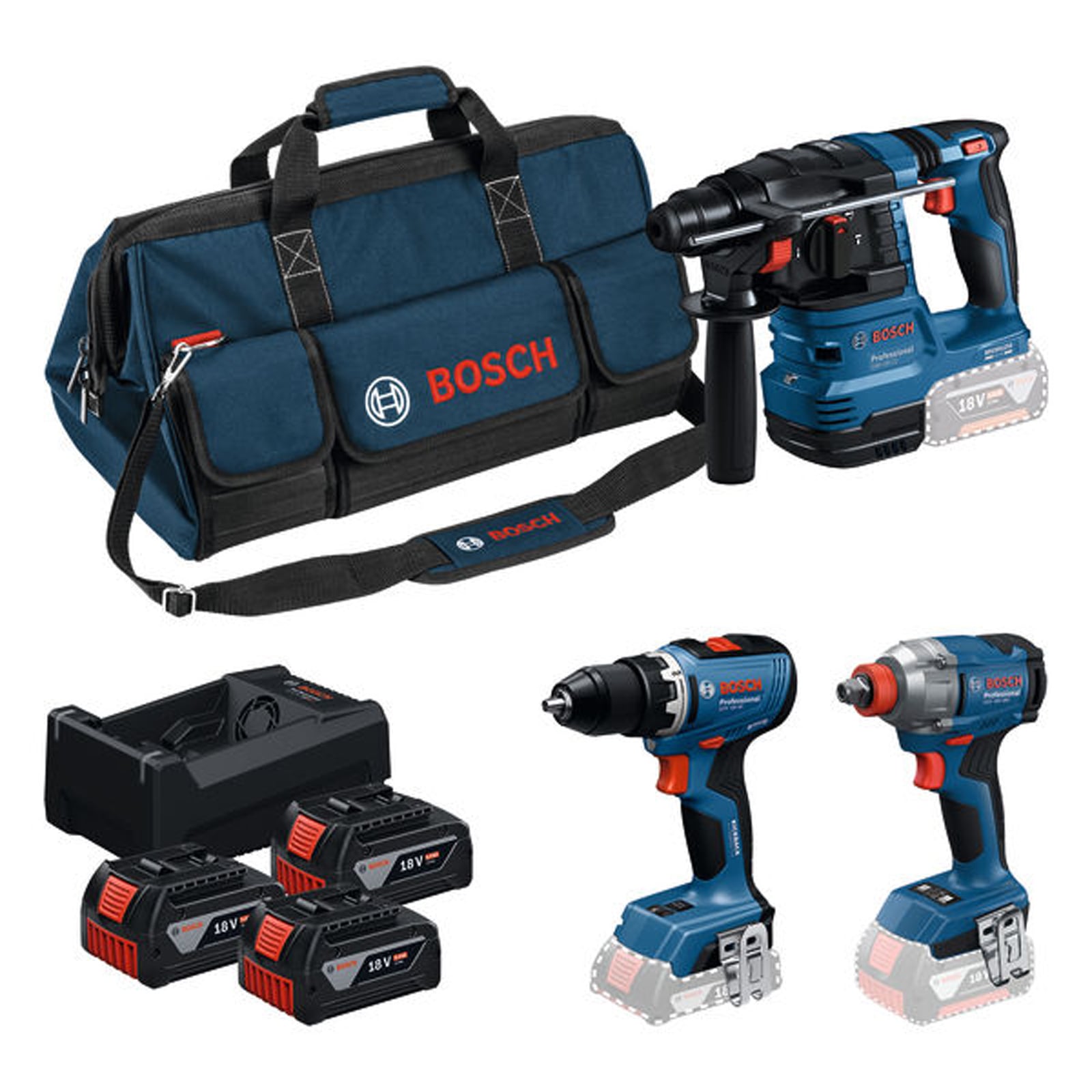 Bosch Combo Kit 18V-Set mit 3 Werkzeugen: GSR + GDX + GBH + 3x5.0Ah + GAL 12V/18V-80