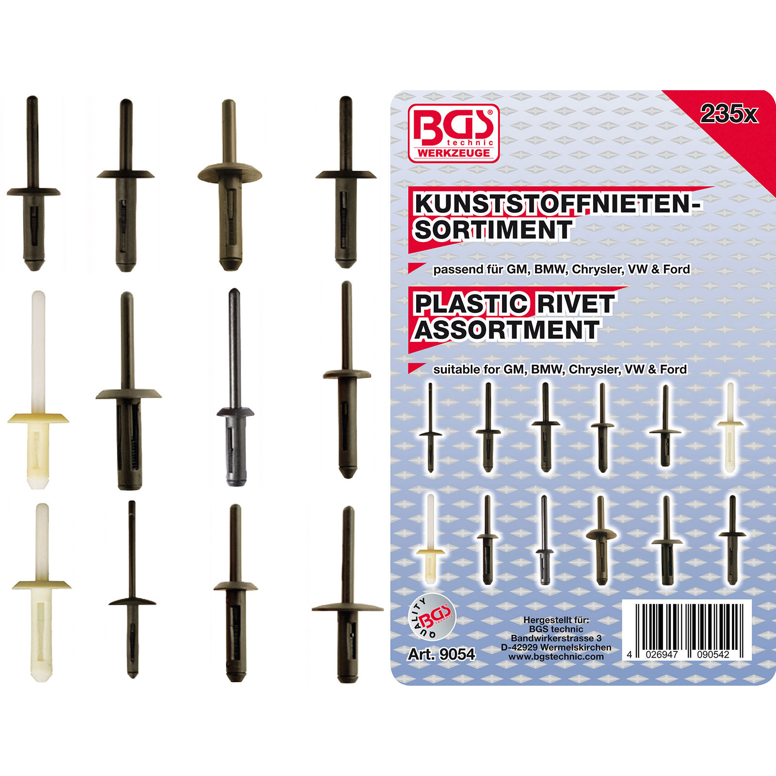 BGS Kunststoffnieten-Sortiment für GM / BMW / Chrysler / VW / Ford 235tlg. - 9054
