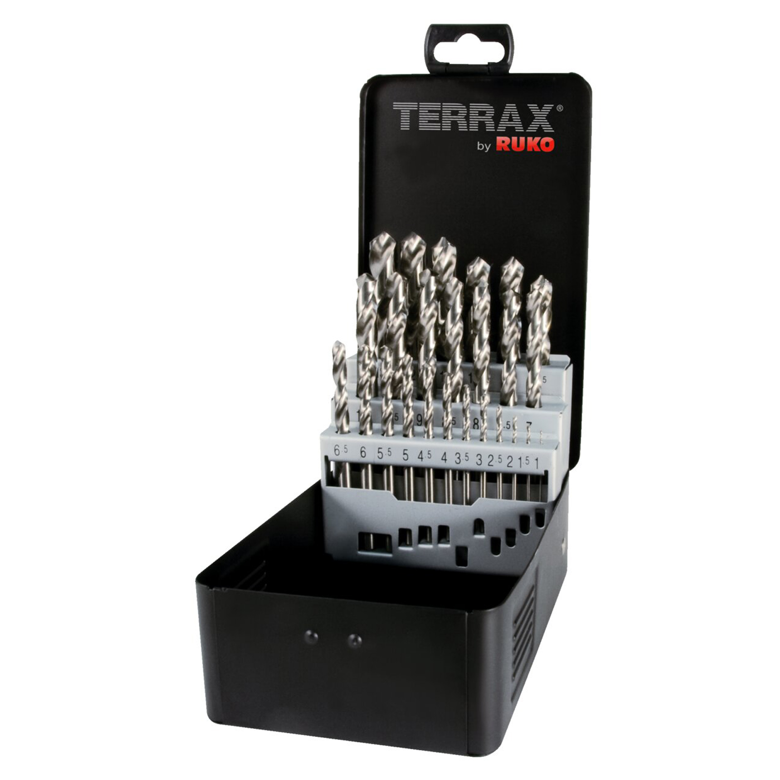 TERRAX by RUKO 5x Spiralbohrer-Satz DIN 338 Typ N, HSS-G - 25 tlg. (Kassette Stahlblech) - A214215