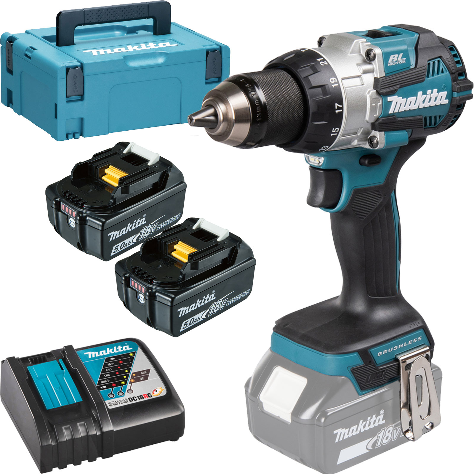 Makita DHP489RTJ Akku-Schlagbohrschrauber 18 V / 2x 5,0 Ah Akku + Ladegerät im MAKPAC