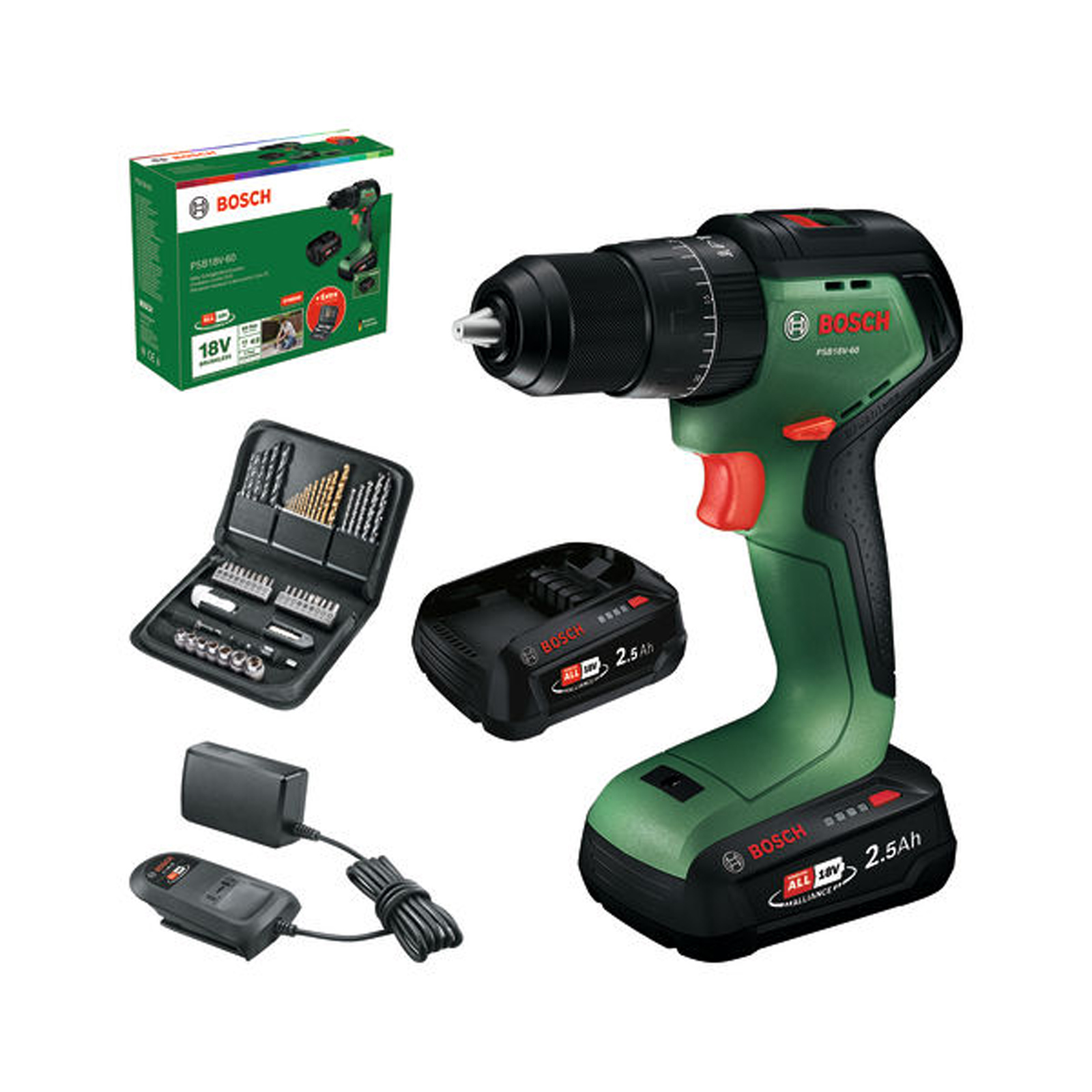 Bosch Akku-Schlagbohrschrauber PSB18V-60 / 2x Akku PBA 18V 2.5Ah in Handwerkerkoffer - 06039D7304