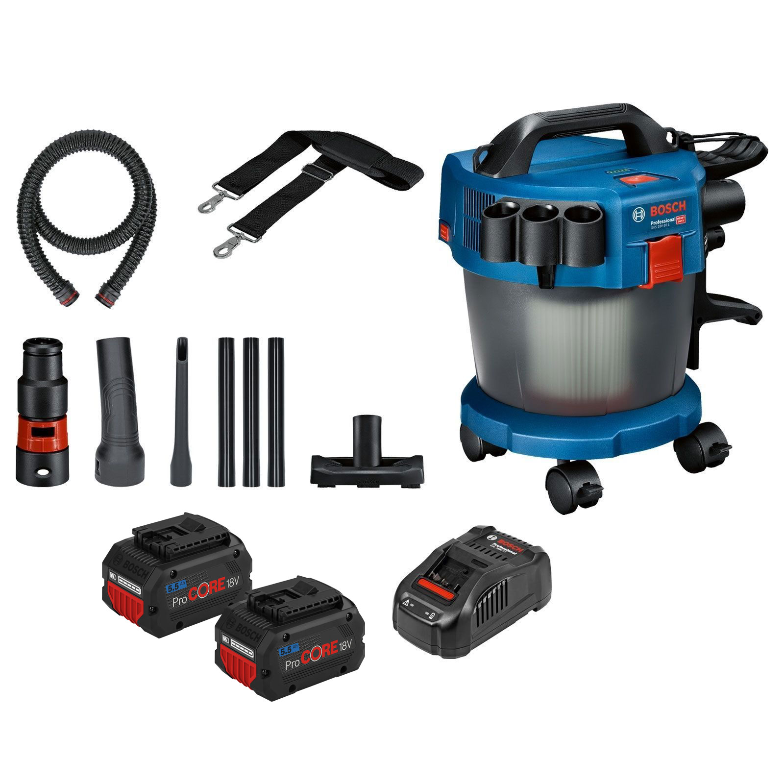 Bosch Akku-Staubsauger GAS 18V-10 L / 2x 5,5 Ah ProCORE18V Akku + Ladegerät inkl. Zubehör-Set 14tlg.