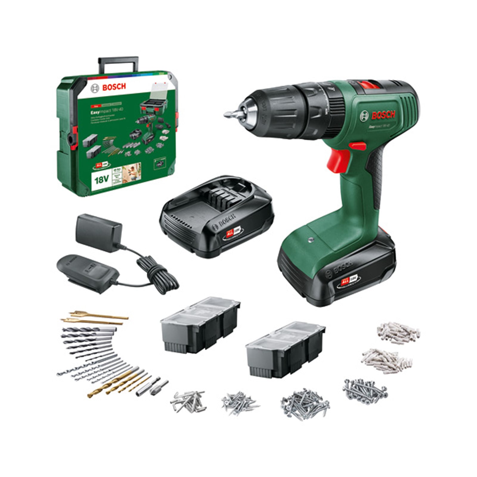Bosch Akku-Schlagbohrmaschine EasyImpact 18V-40 + SystemBox, 2 x Akku PBA 18V 1.5Ah