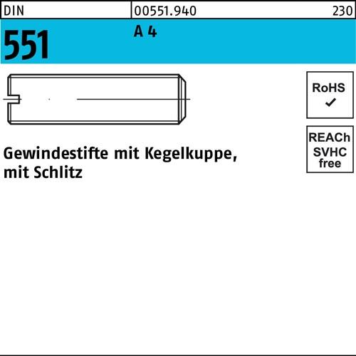 Gewindestift DIN 551 Kegelkuppe/Schlitz M4x 6 A 4 50 Stück