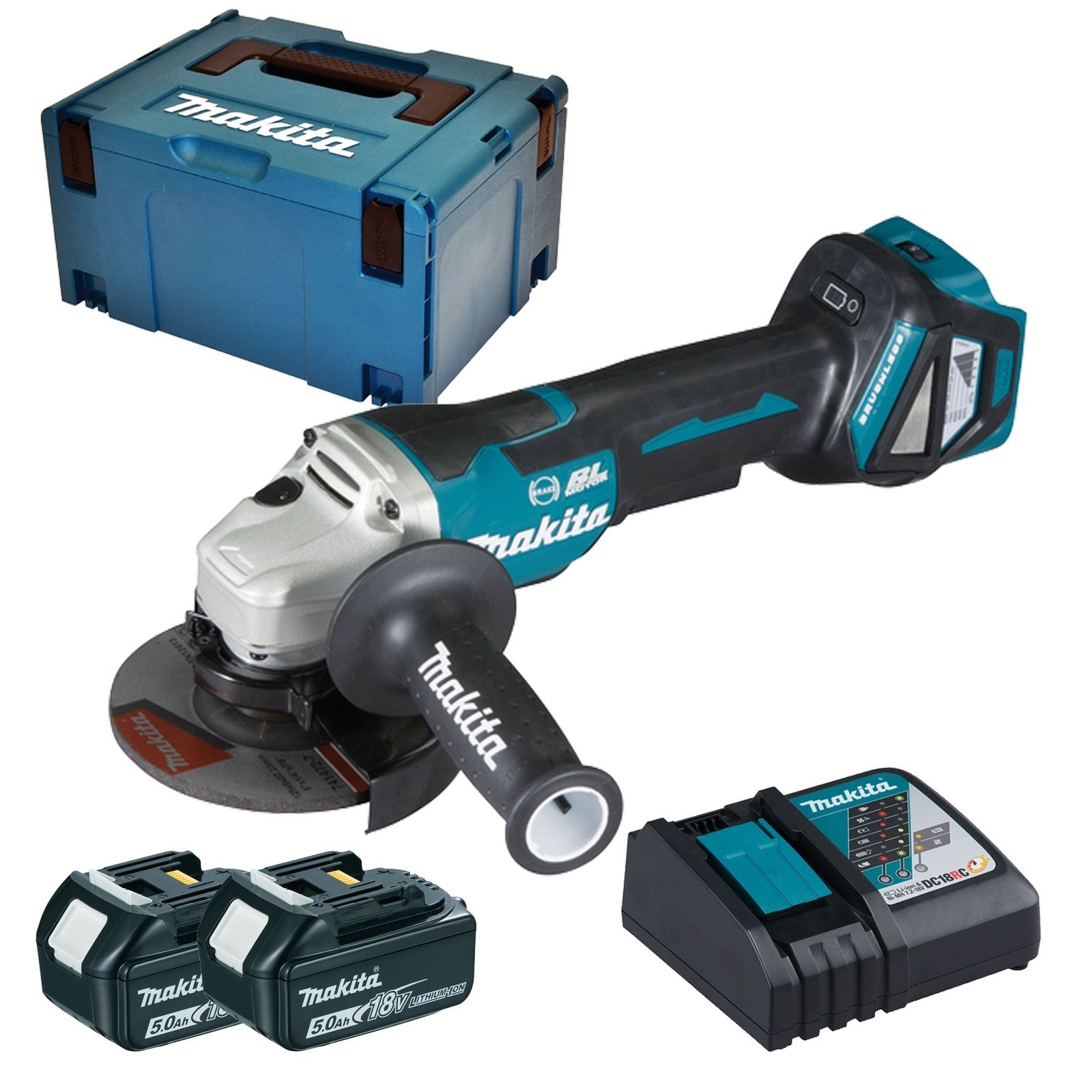Makita DGA517RTJ Akku-Winkelschleifer Ø 125 mm 18 V / 2x 5,0 Akku + Ladegerät im Makpac