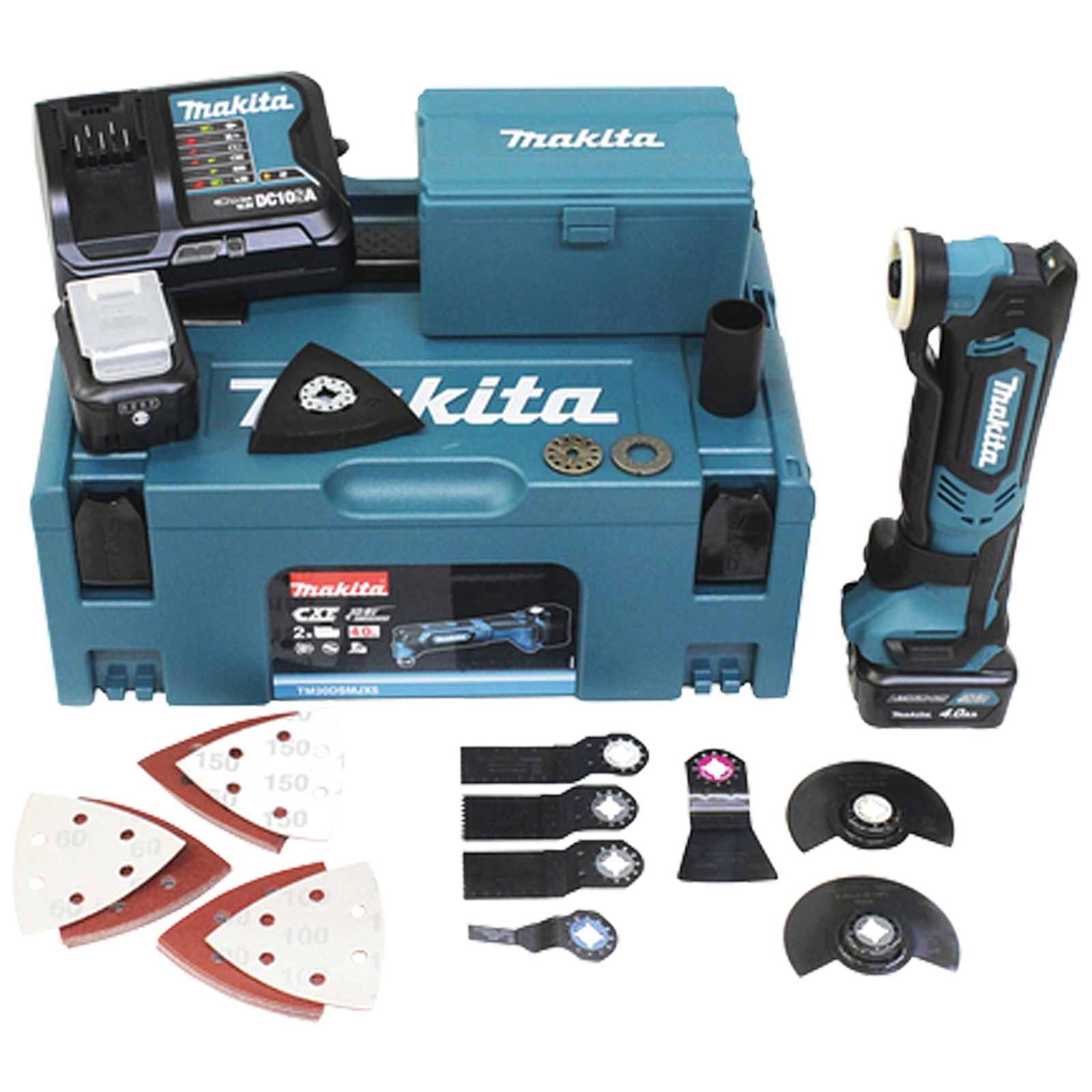 Makita TM30DSMJX5 Akku-Multifunktionswerkzeug 12 V / 2x 4,0 Ah Akku + Ladegerät inkl. Zubehör-Set 14tlg. im Makpac