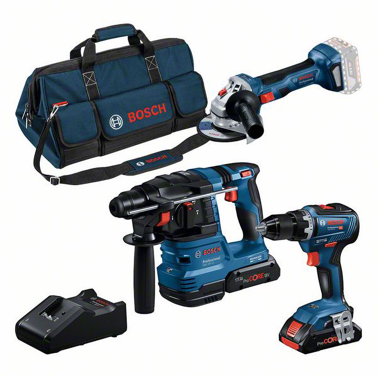 Bosch Combo Kit Akku-Bohrschrauber GSR 18V-55 + Akku-Winkelschleifer GWS 18V-7 + Akku-Bohrhammer  GBH 18V-22 mit SDS plus / 2x 4,0 Ah Akku + Ladegerät inkl. Tasche - 0615A50035