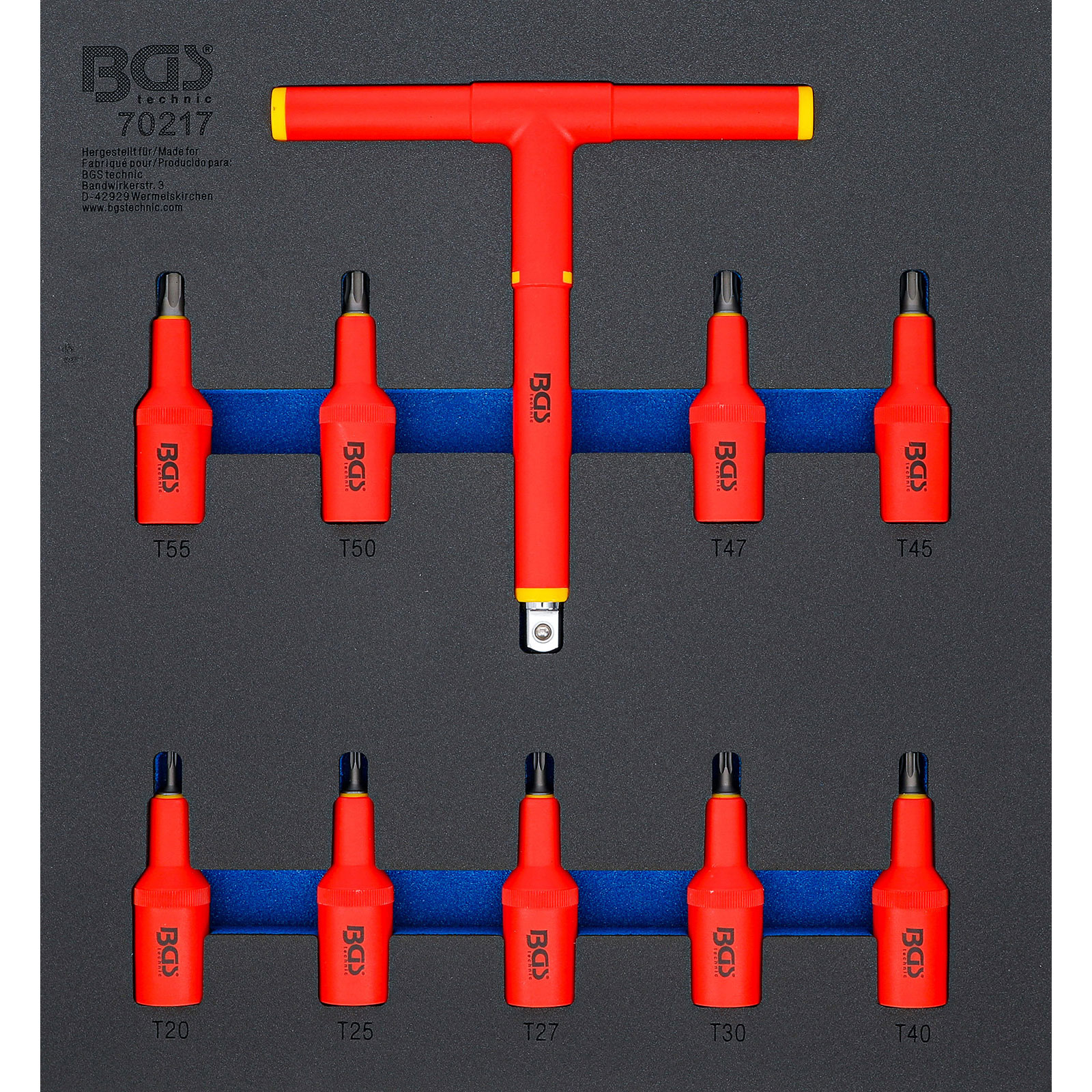 BGS Werkstattwageneinlage 2/3: VDE-Bit-Einsatz-Satz Antrieb Innenvierkant 12,5 mm (1/2") T-Profil (für Torx) T20 - T55 10tlg. - 70217