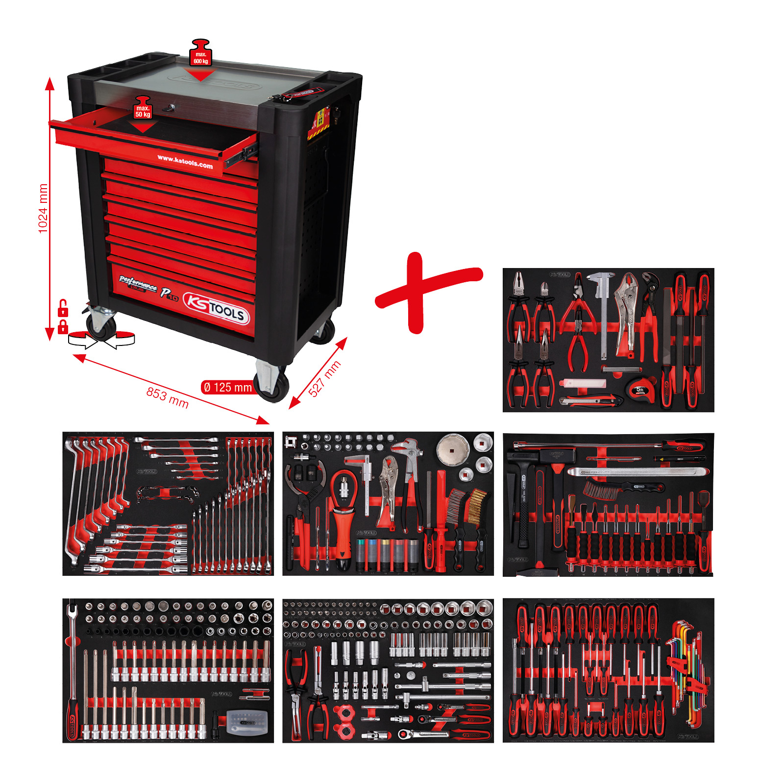 KS TOOLS Performanceplus Werkstattwagen-Satz P10 mit 397 Werkzeugen für 7 Schubladen - 810.7397