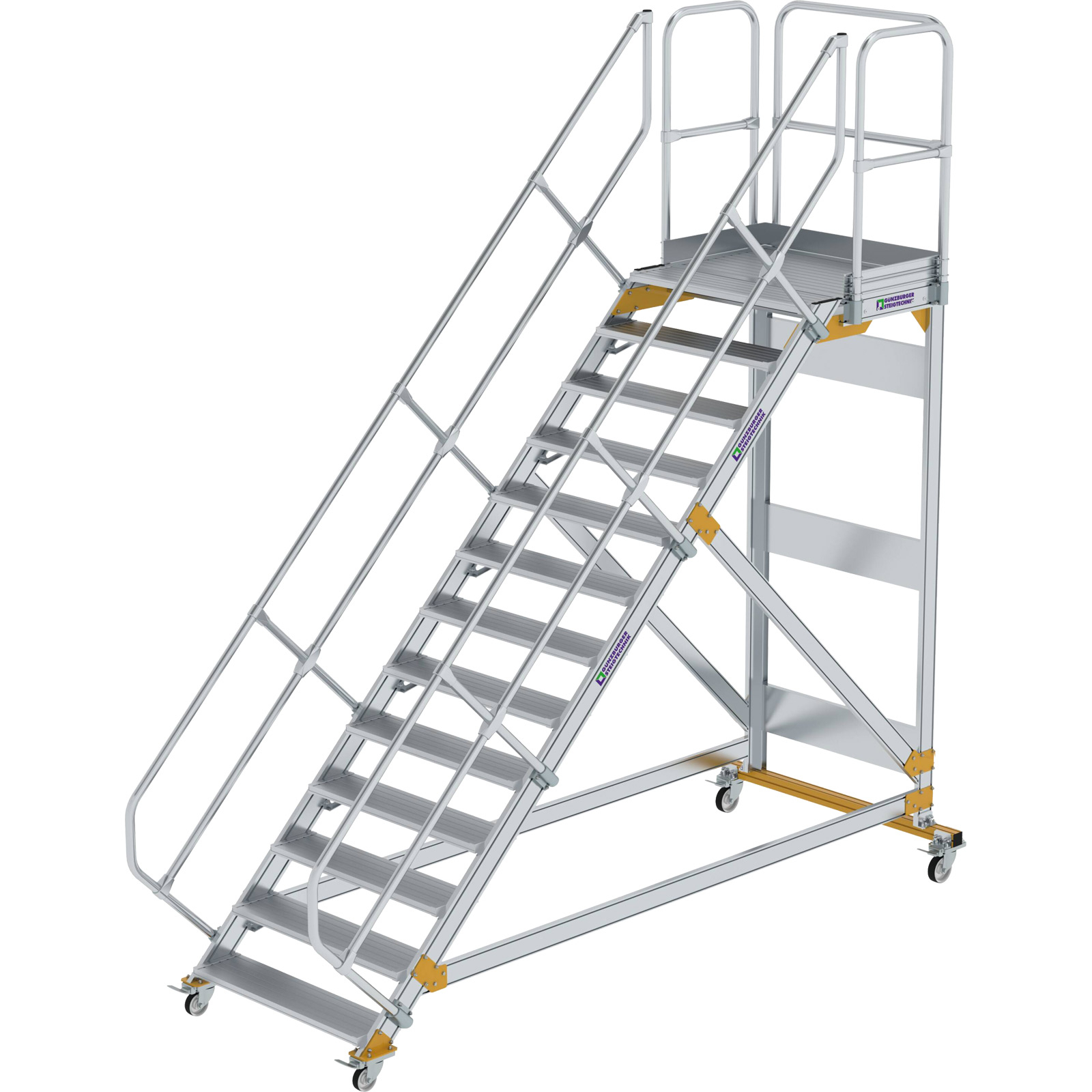 Günzburger Steigtechnik Plattformtreppe 45° fahrbar Stufenbreite 1 m 13 Stufen Aluminium geriffelt - 600813