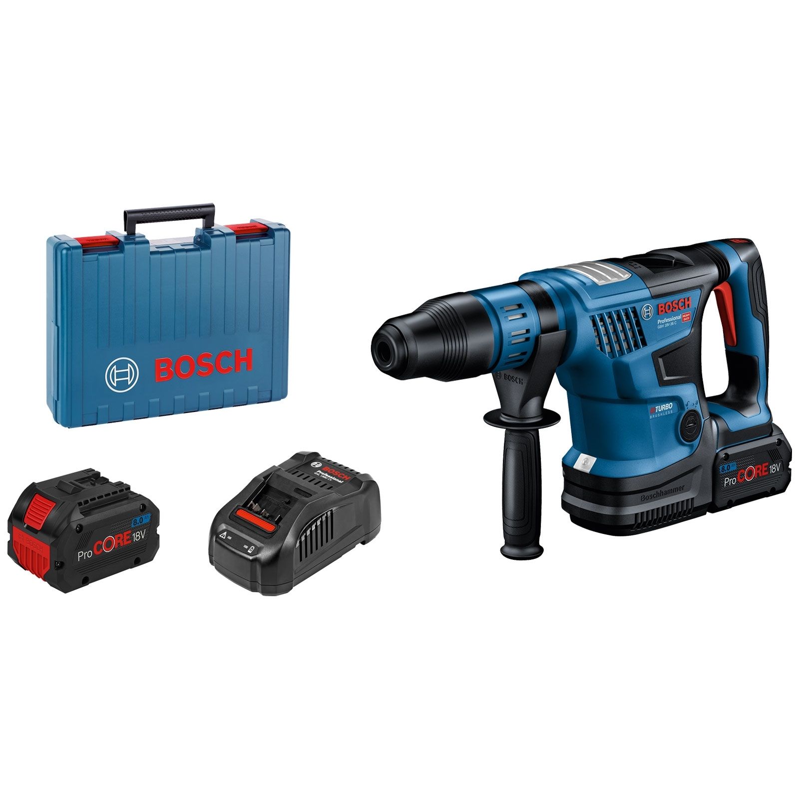 Bosch Akku-Bohrhammer BITURBO GBH 18V-36 C mit SDS max / 2x 8,0 Ah Akku + Ladegerät inkl. Zubehör-Set im Koffer - 0611915002