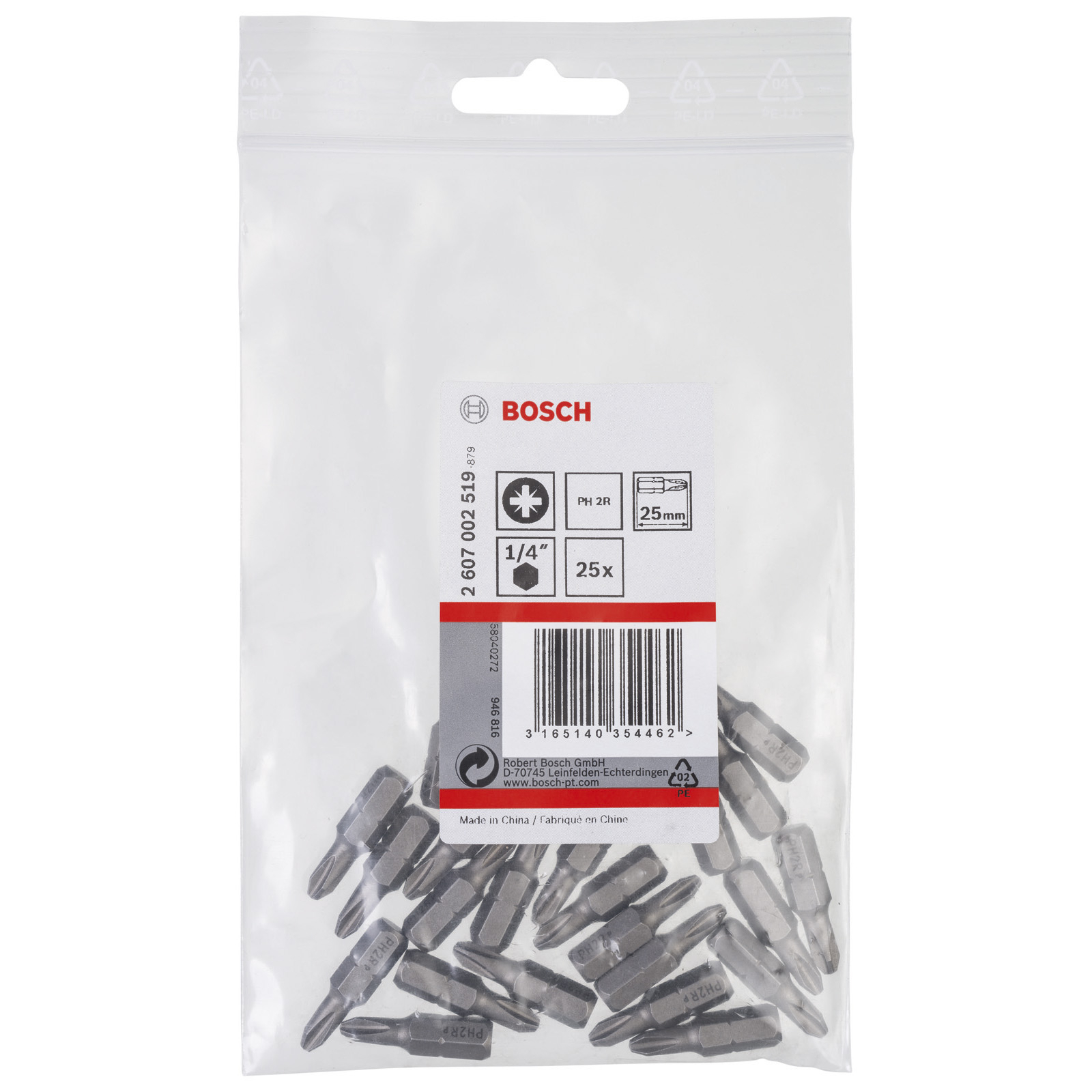 Bosch 25x Schrauberbit Extra-Hart, reduziert PH2R, 25 mm - 2607002519