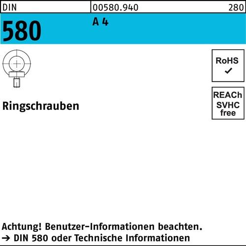 Ringschraube DIN 580 M 6 A 4 Ohne Oberflächenangabe 25 Stück