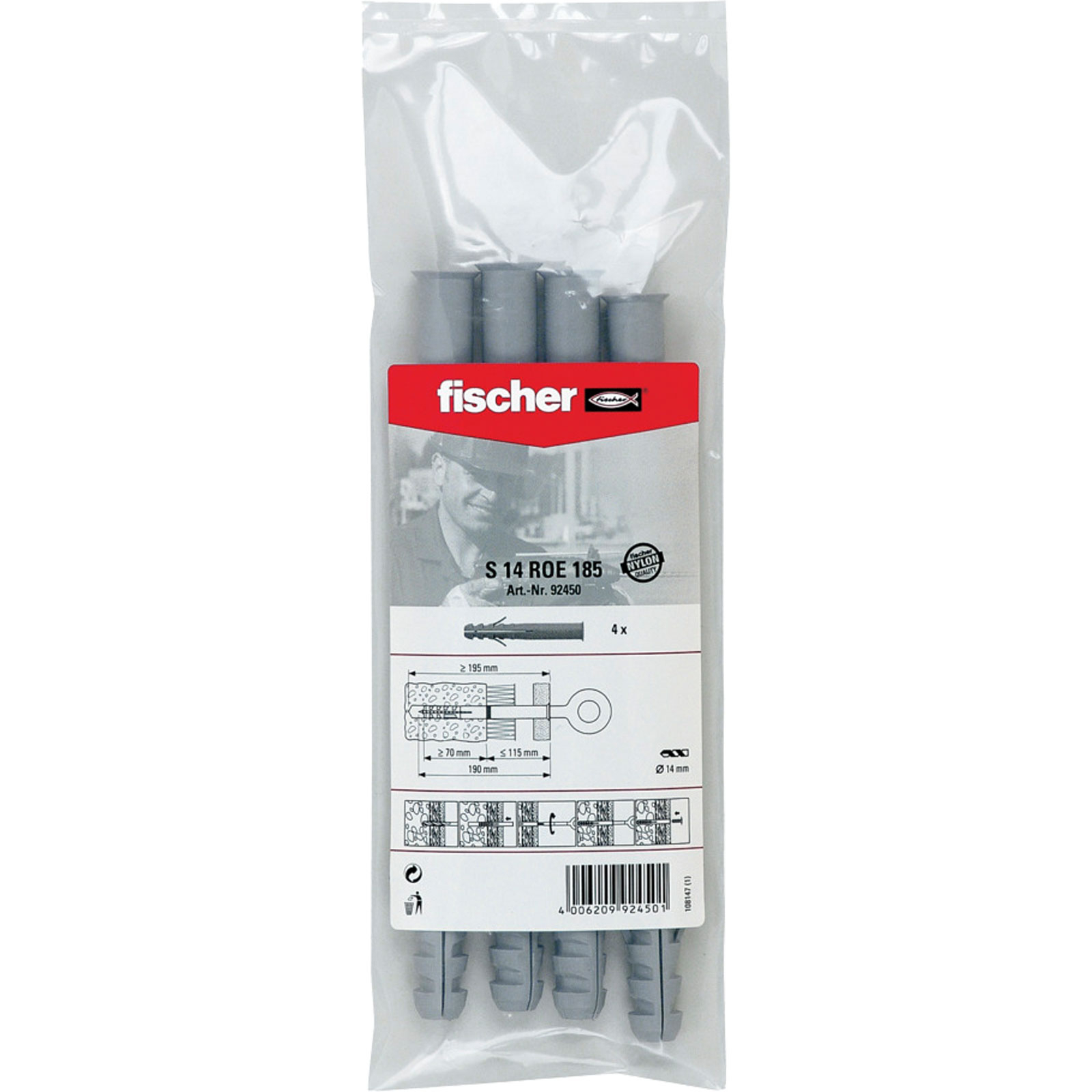 Fischer 4x Dübel S 14 ROE 185 B Beutel - 092450