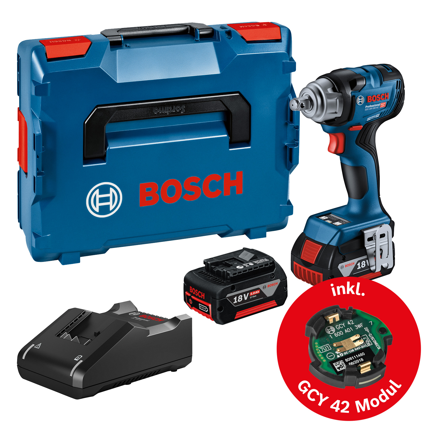 Bosch Akku-Drehschlagschrauber GDS 18V-330 HC / 2x 5,0 Ah + Ladegerät inkl. GCY 42 in L-Boxx 136