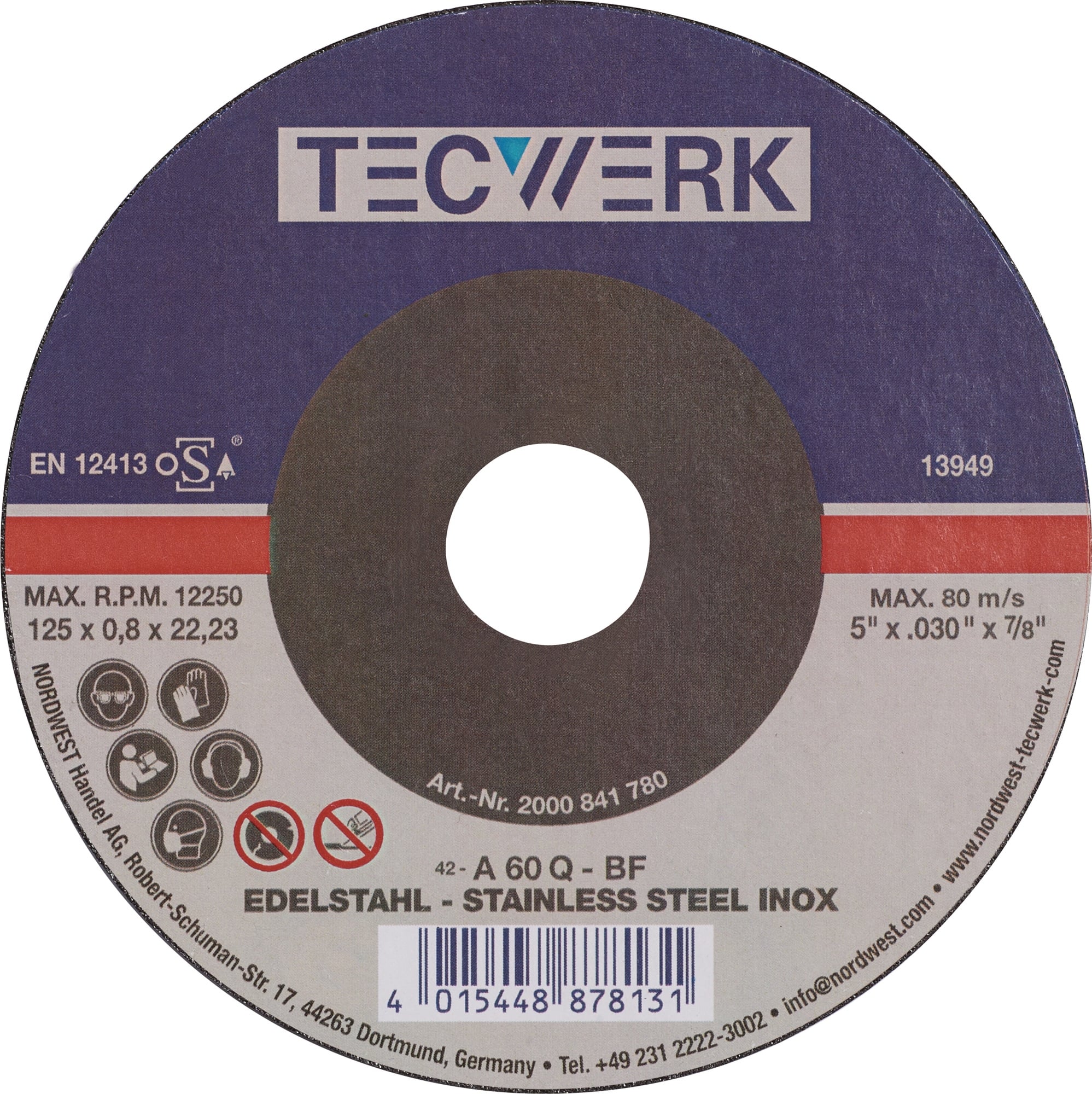 Trennscheibe D125x0,8mm gekr.INOX Bohr.22,23mm TECWERK