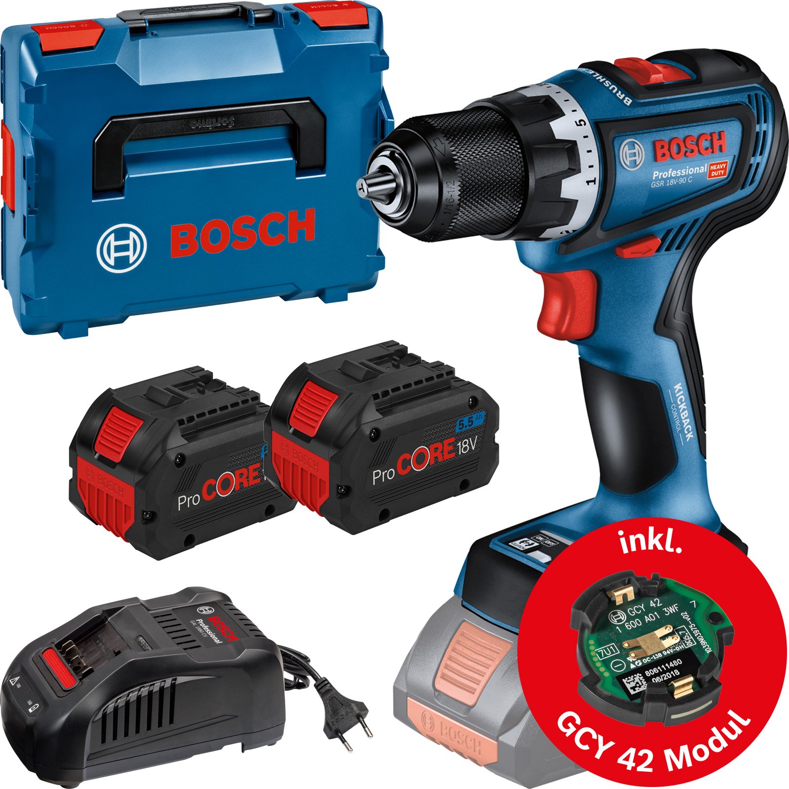 Bosch Akku-Bohrschrauber GSR 18V-90 C / 2x 5,5 Ah ProCORE Akku + Ladegerät in L-Boxx - 06019K6006-6