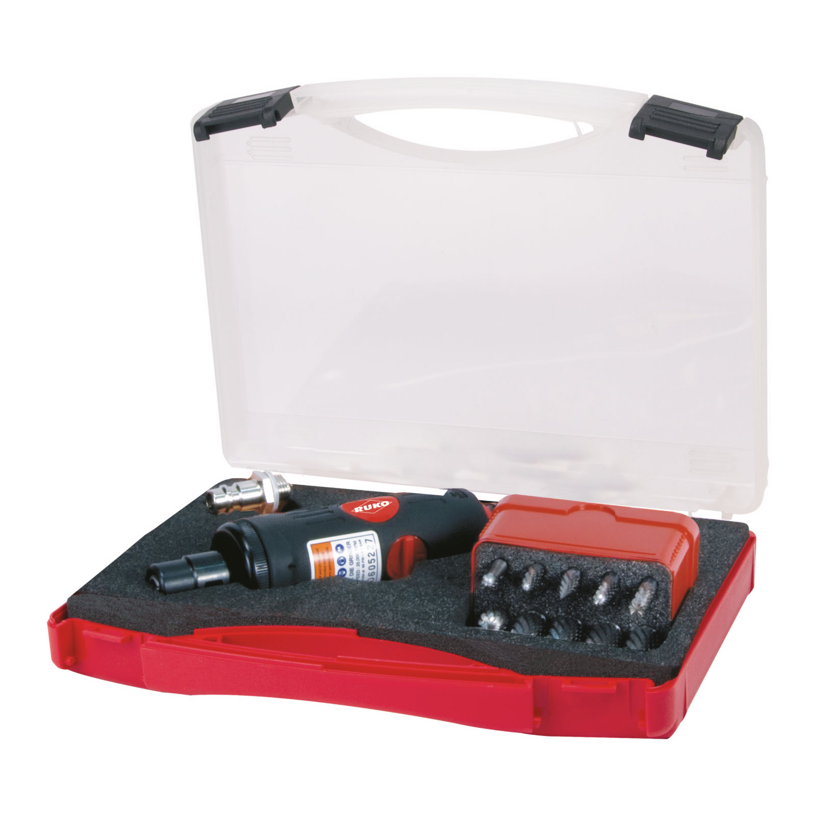 RUKO Druckluftschleifer-Satz mit Kupplungsstecker inklusive Frässtifte-Satz im Kunststoffkoffer - 12 tlg. - 116100