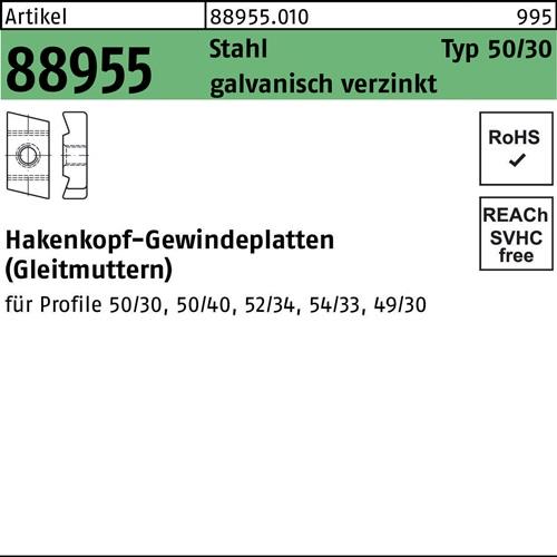 Hakenkopfgewindeplatte R 88955 Typ 50/30 M8 Stahl galv.verz. 50 Stück
