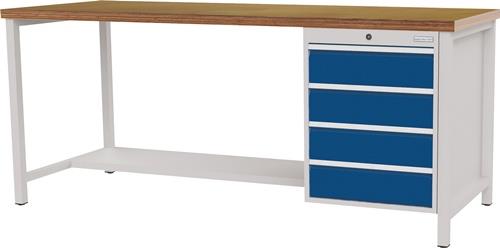 Werkbank signalblau lichtgrau B2000xH859xT750mm Buche Multiplex 40mm 4 Schubl.