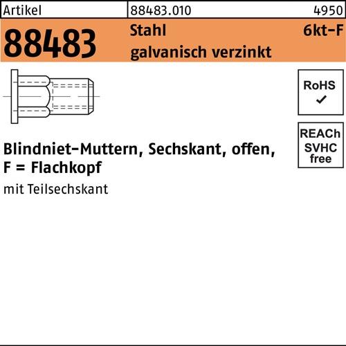 Sechskantblindnietmutter R 88483 FLAKO M8 /0,5 -3,5 Stahl galv.verz. 100St.