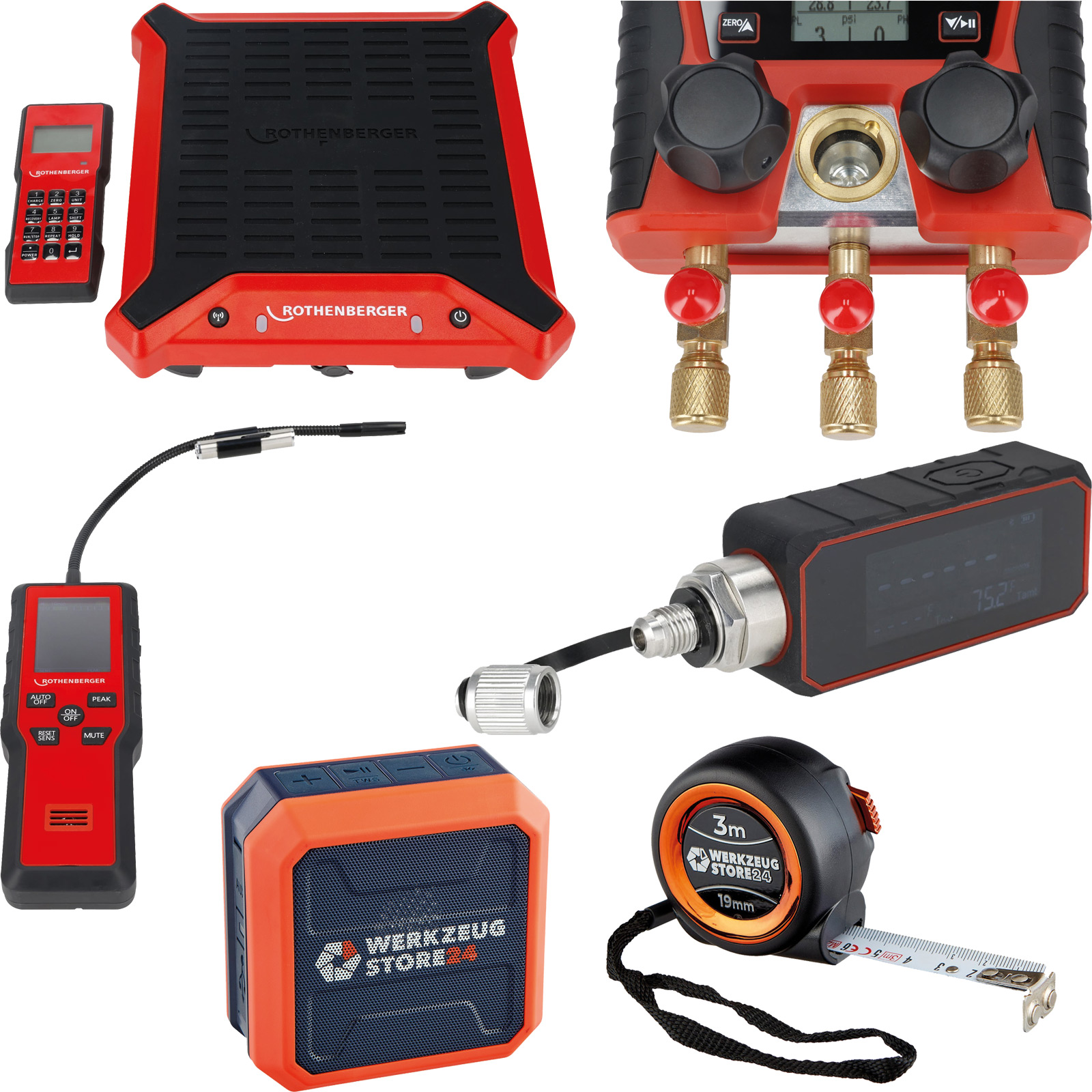 ROTHENBERGER ROVAC PRO Digitale Vakuummessgerät + ROLEAK PRO IR Leckageortungsgerät + ROCOOL MINI Digitale Monteurhilfe + ROSCALE 150 Kältemittellwaage + Bluetooth Lautsprecher - 1000005061-5063-5060-5062-Set