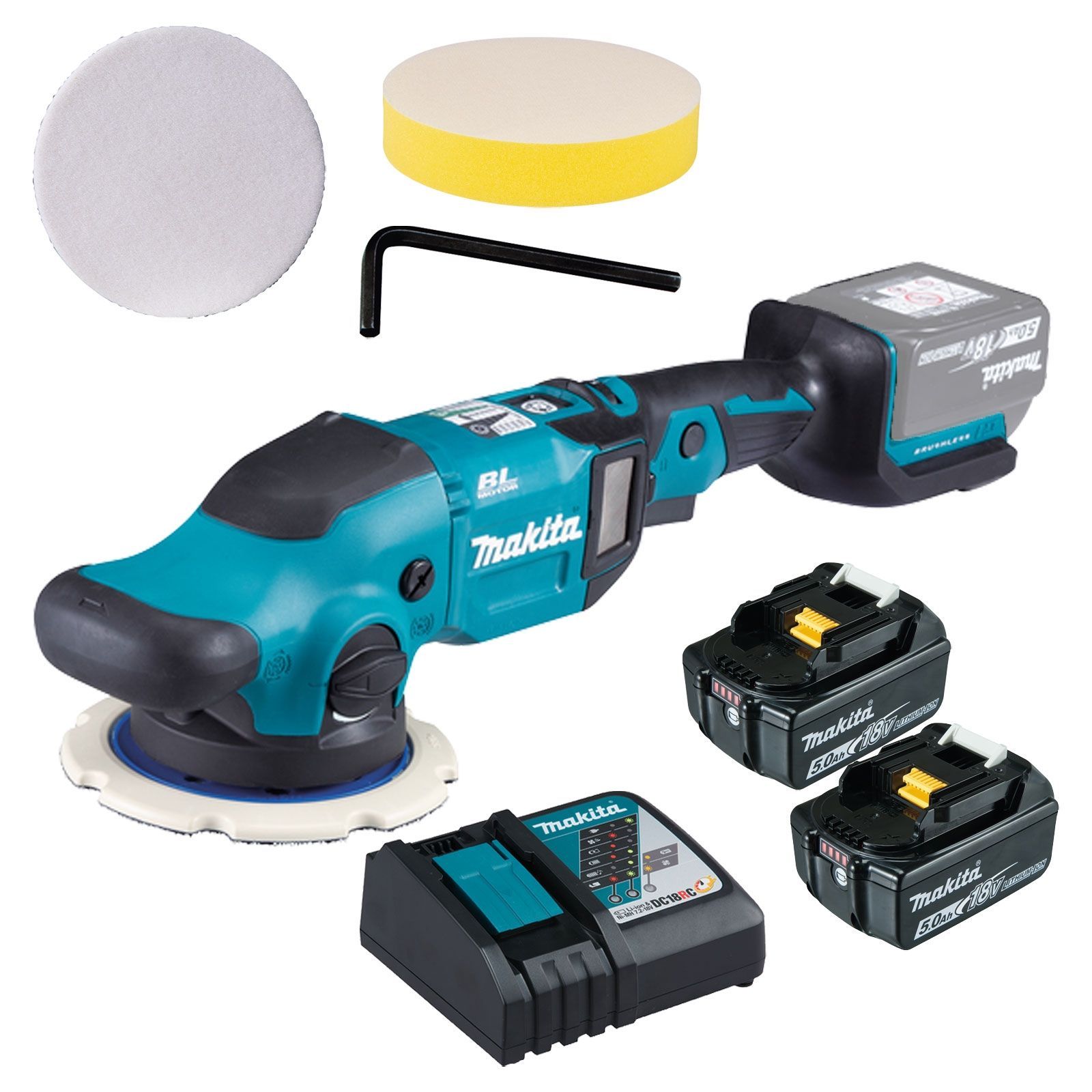 Makita DPO600TKX1 Akku-Exzenterpolierer 18 V / 2x 5,0 Ah Akku + Ladegerät inkl. Zubehör