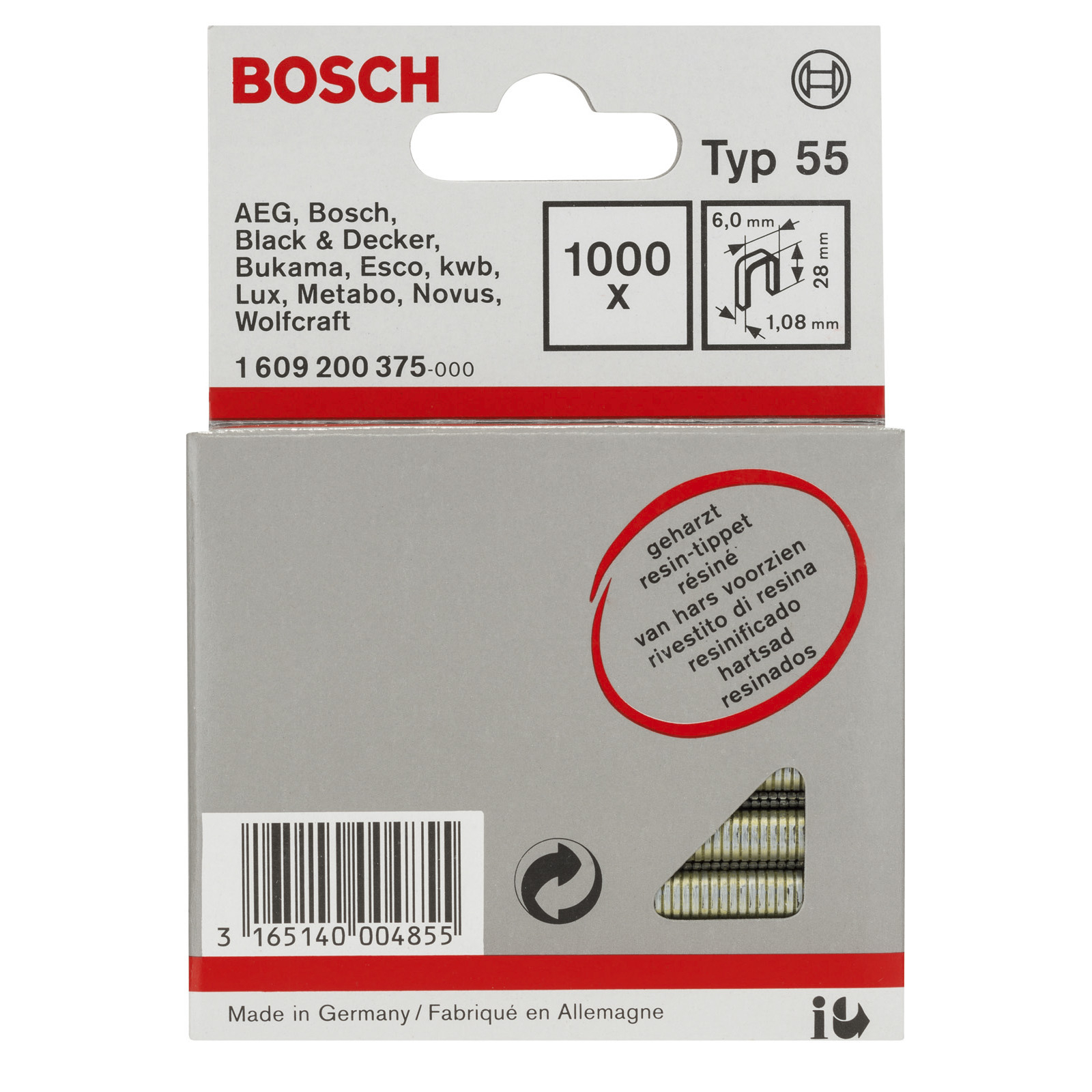 Bosch 1.000x Schmalrückenklammer Typ 55, geharzt 6 x 1,08 x 28 mm - 1609200375