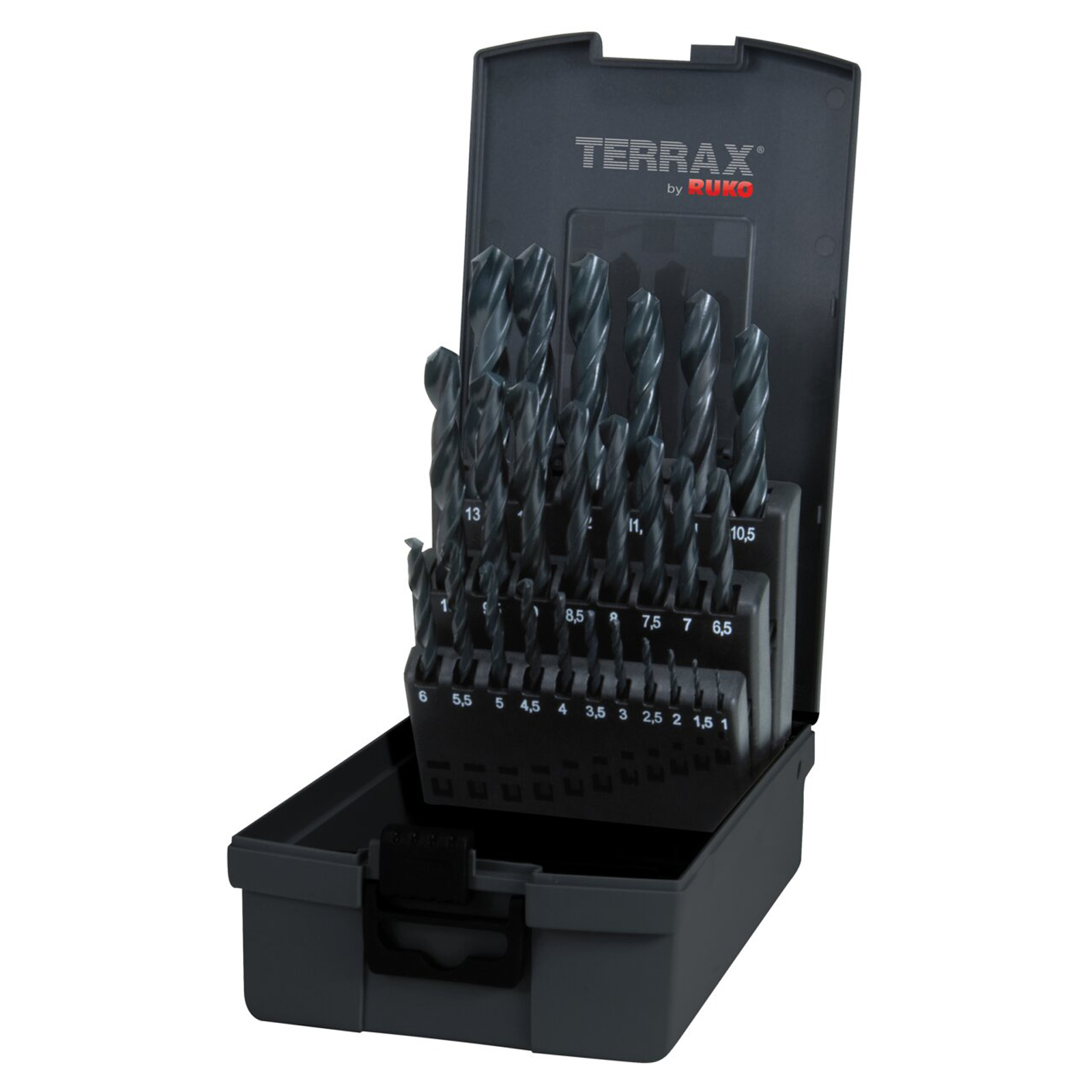 TERRAX by RUKO 5x Spiralbohrer-Satz DIN 338 Typ N, HSS-R - 25 tlg. (Kassette Kunststoff) - A205211RO