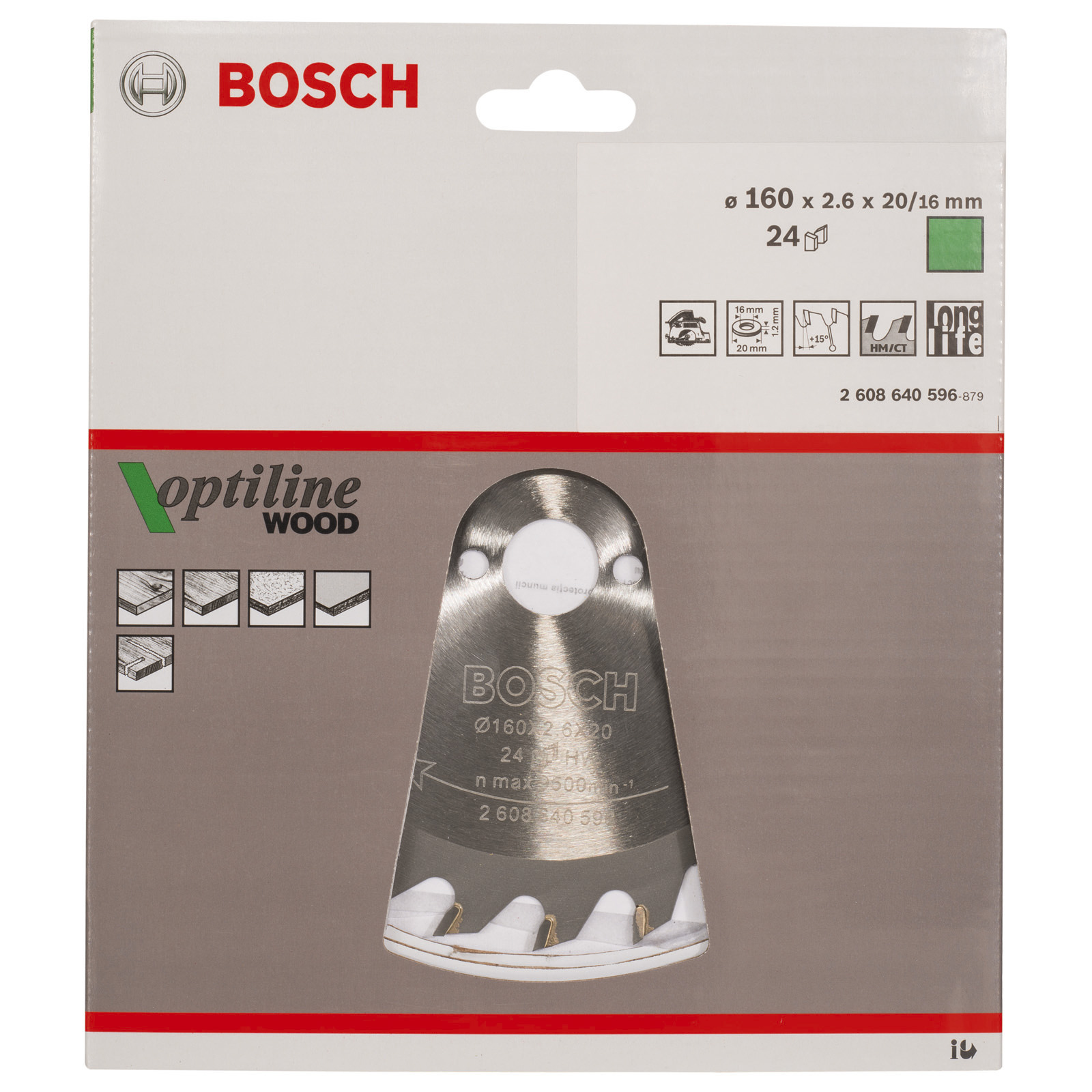 Bosch Kreissägeblatt Optiline Wood für Handkreissägen 160x20/16x2,6 mm 24T WZ - 2608640596