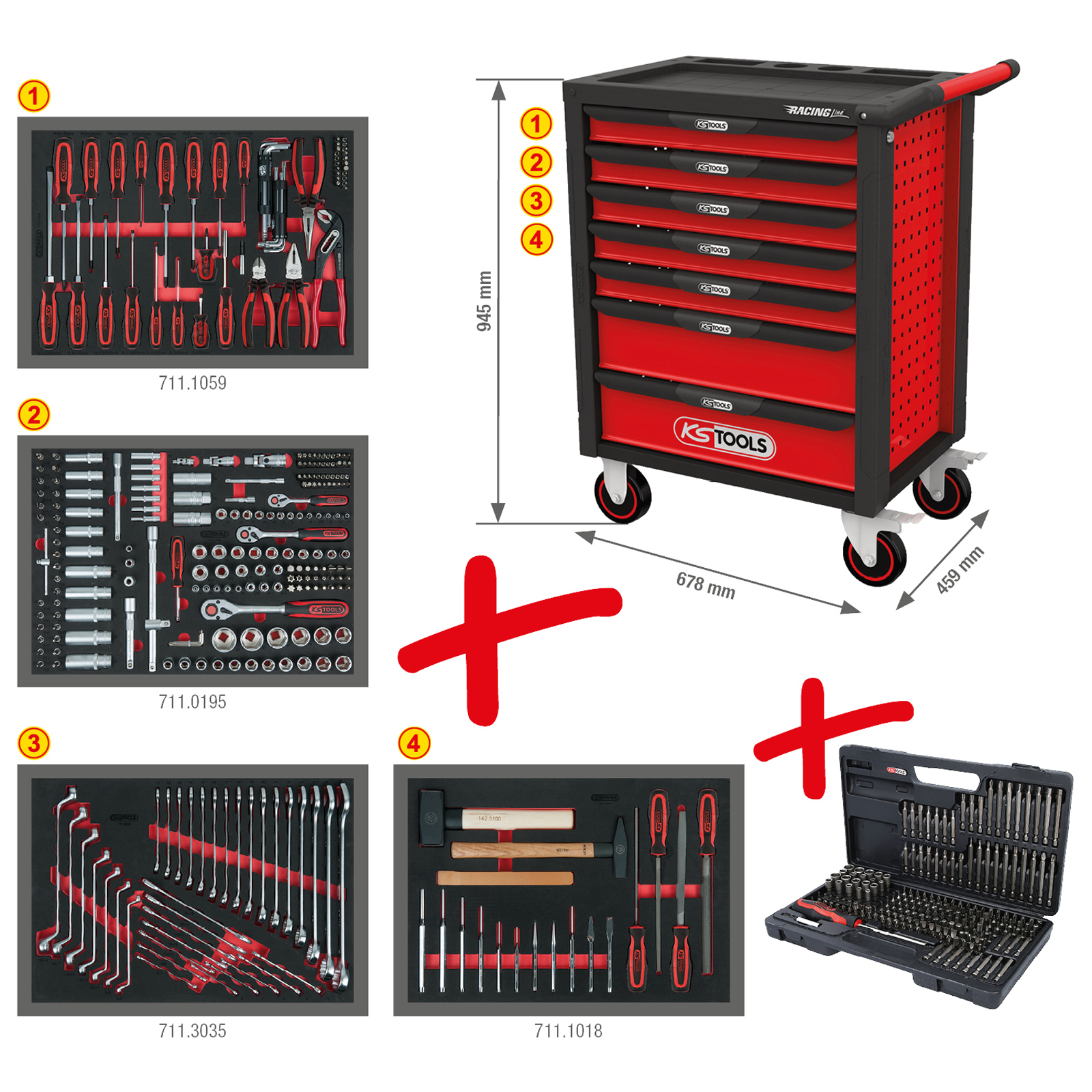 KS TOOLS Racingline schwarz/rot Werkstattwagen mit 7 Schubladen und 515 Premium-Werkzeugen - 826.7515