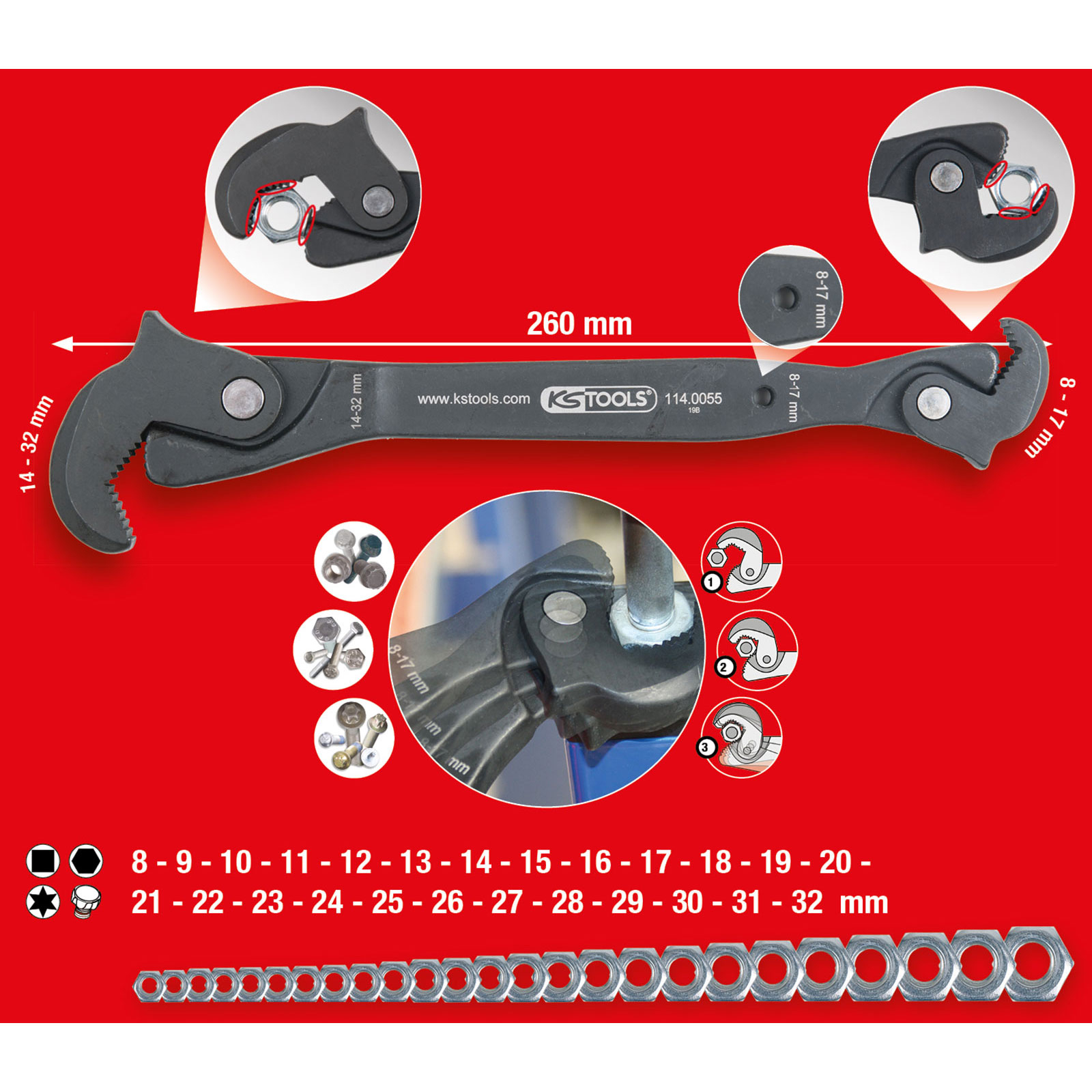 KS TOOLS Einhand-Multifunktions-Schlüssel 8-17/14-32 mm - 114.0055