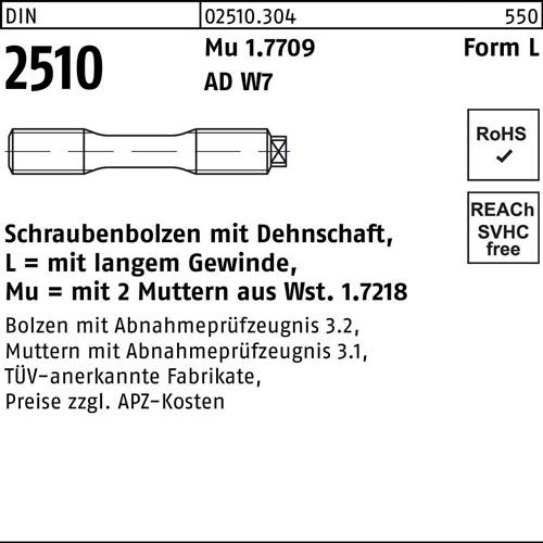 Schraubenbolzen DIN 2510 Dehnschaft/2Muttern LM 20x 85 Mu 1.7709 1 Stück