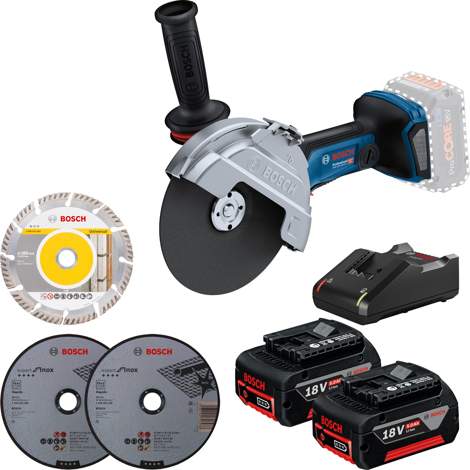 Bosch Akku-Winkelschleifer GWS 18V-180 PC Ø 180 mm / 2x 5,0 Ah + GAL 18V-40