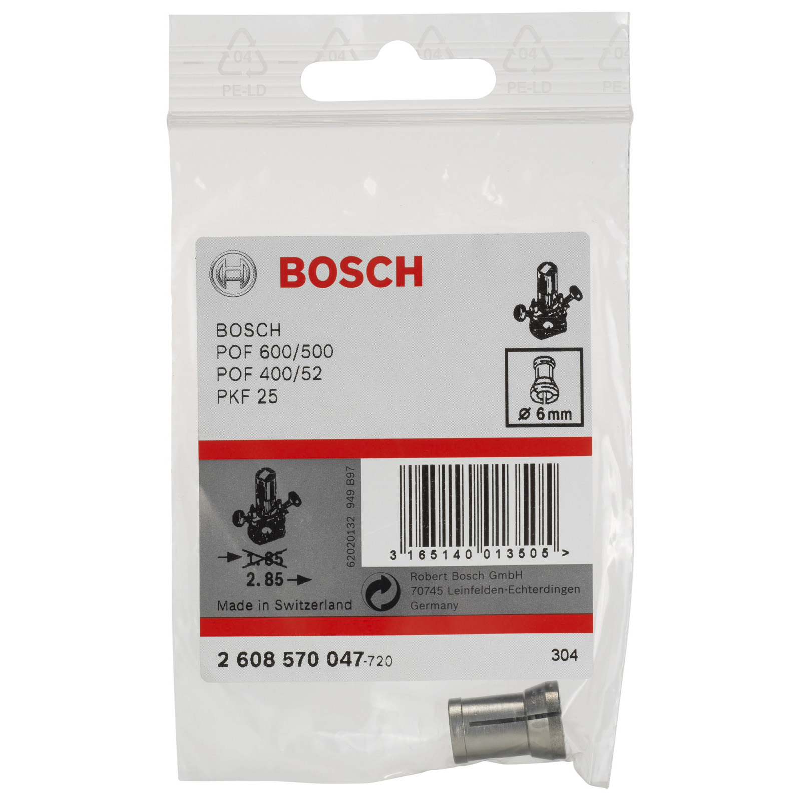 Bosch Spannzange ohne Spannmutter, 6 mm, für Bosch-Oberfräse - 2608570047