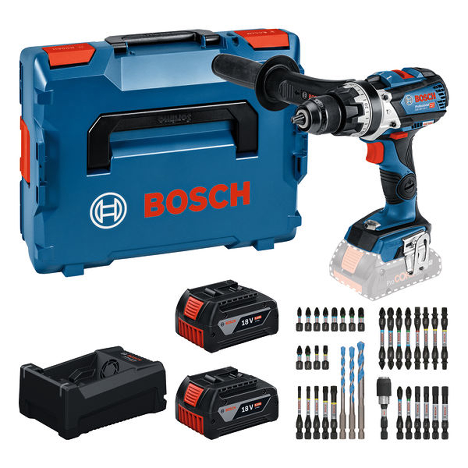 Bosch Werkzeug-Set: GSB 18V-110 C / 2x Akku GBA 5.0Ah + Ladegerät + Bit-Set in L-BOXX - 0615A500E0