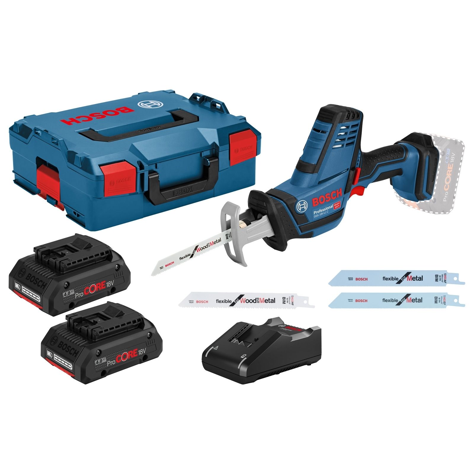 Bosch Akku-Säbelsäge GSA 18V-LI Compact / 2x 4,0 Ah ProCORE18V Akku + Ladegerät inkl. Zubehör-Set in L-Boxx