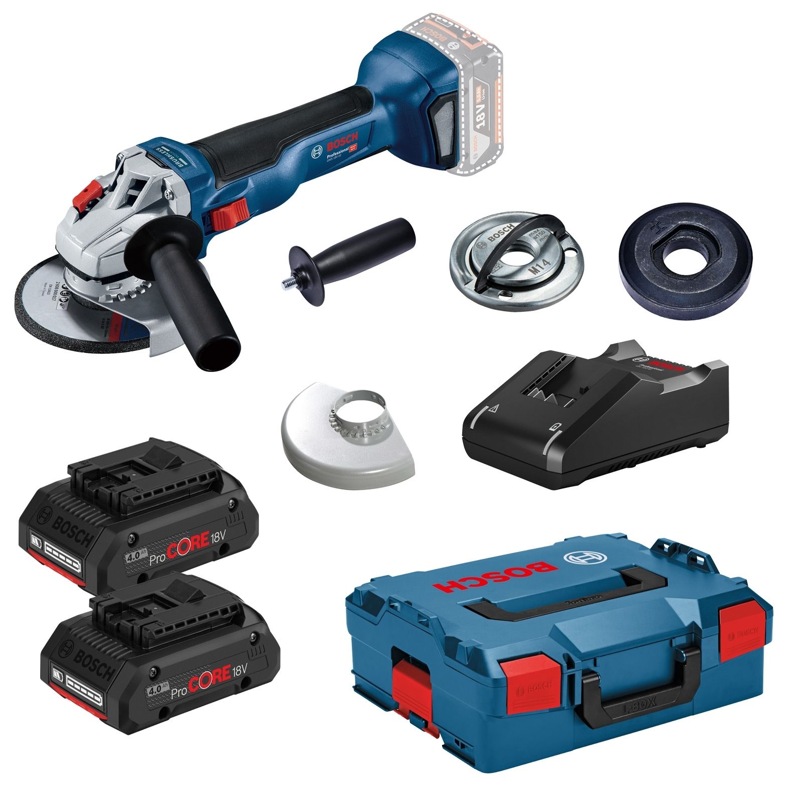 Bosch Akku-Winkelschleifer GWS 18V-10 Ø 125 mm / 2x 4,0 Ah ProCORE18V Akku + Ladegerät inkl. Zubehör-Set in L-Boxx