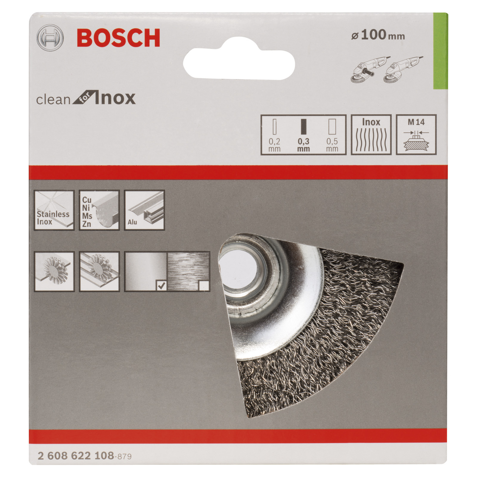 Bosch Kegelbürste gewellter Draht rostfrei 0,35 mm 100 mm 12500 U/min M 14 - 2608622108