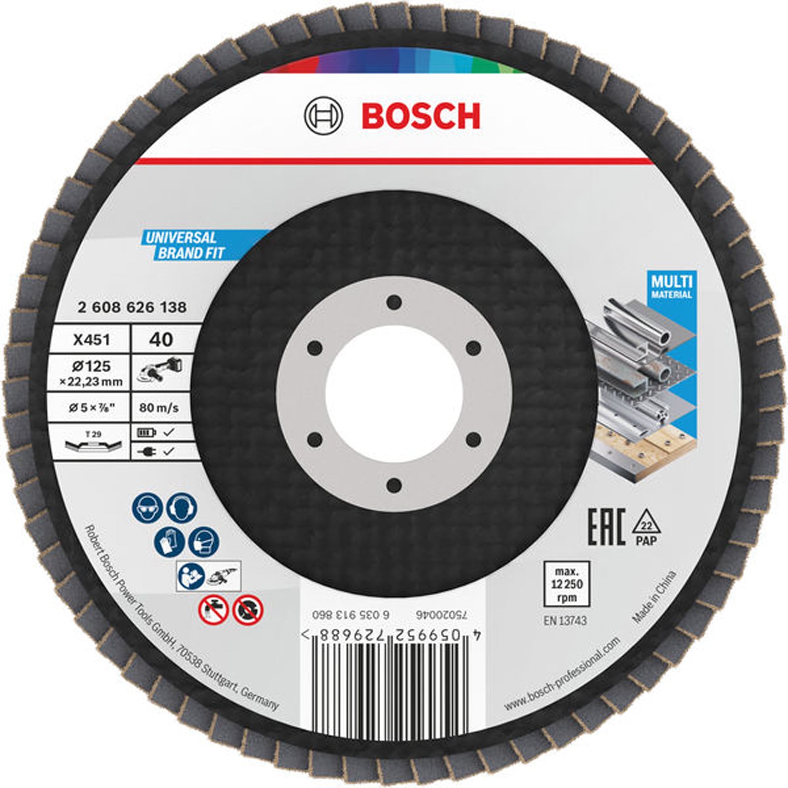 Bosch X451 Fächerschleifscheibe, 125 x 22,23 mm, K40, Z29, 15-tlg