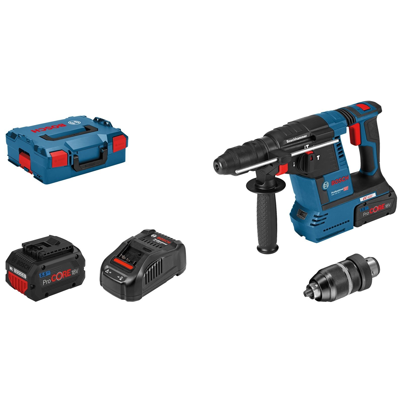 Bosch Akku-Bohrhammer GBH 18V-26 F mit SDS plus / 2x 5,5 Ah ProCORE18V Akku + Ladegerät in L-Boxx - 061191000F