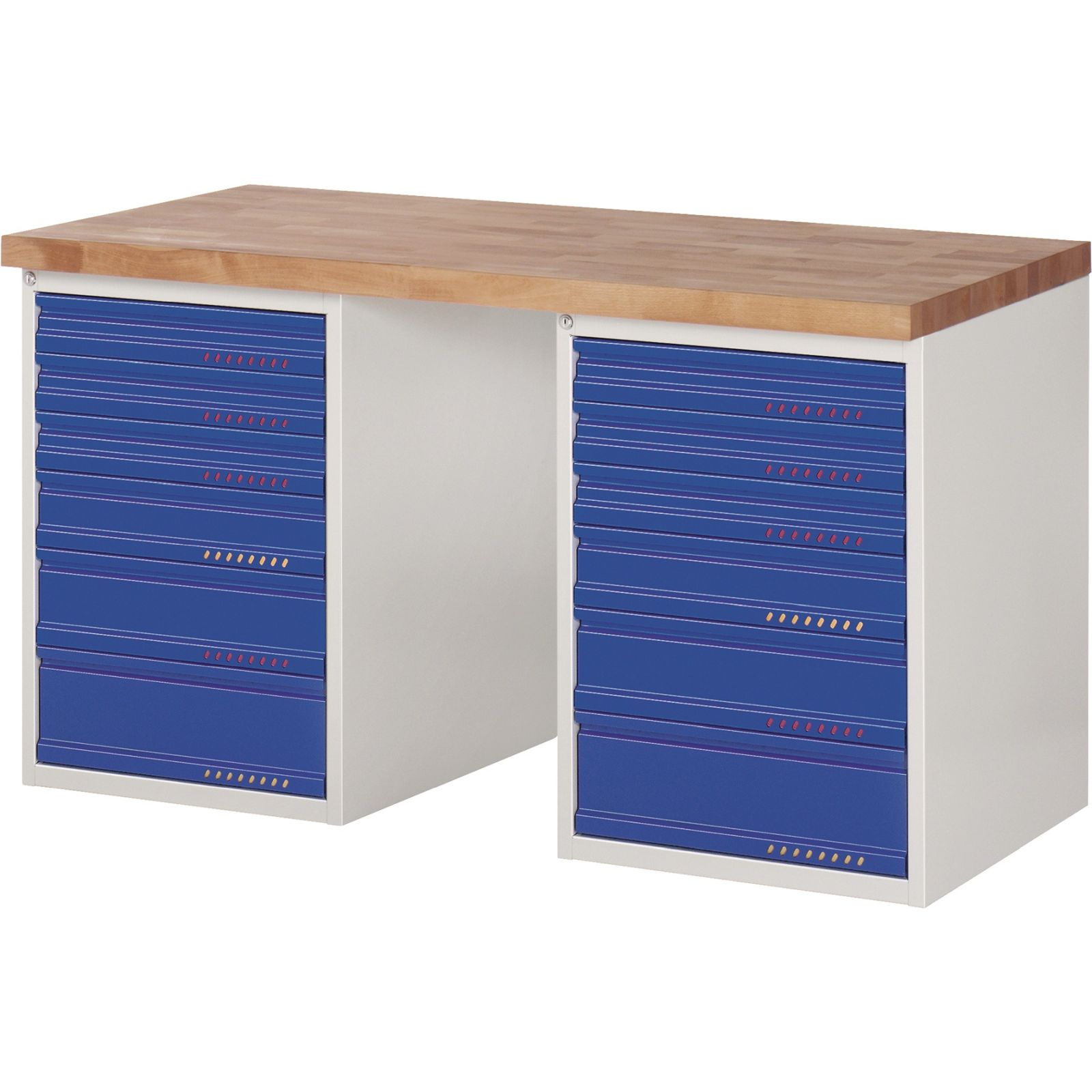 Werkbank Ser.BK 650 B1500xT700xH840mm Buche lichtgrau/blau 12 Schubl.TECWERK