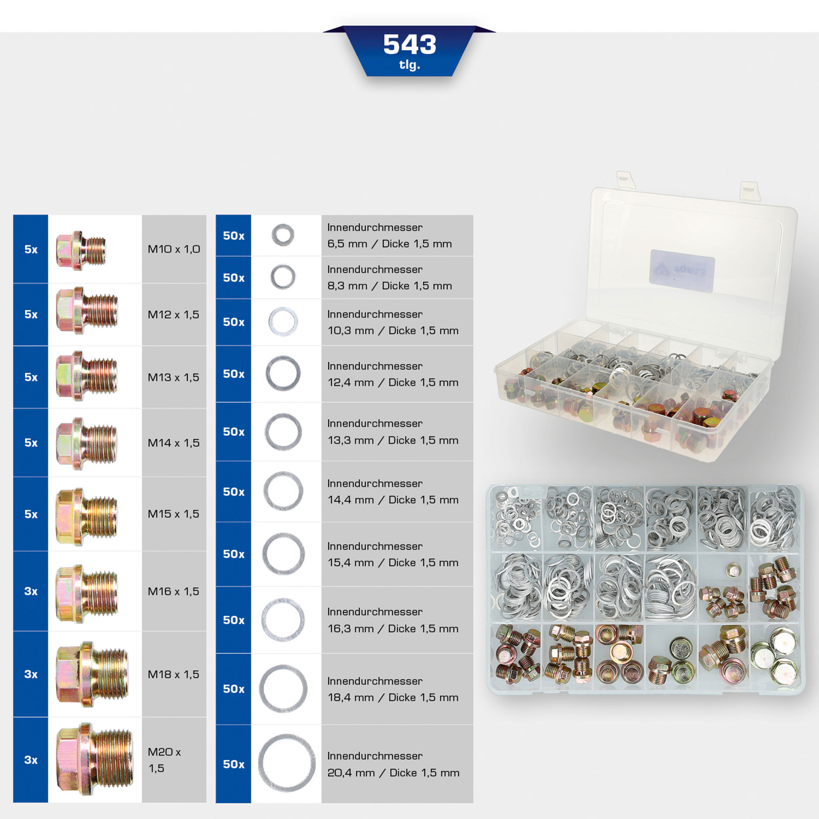 BRILLIANT TOOLS Ölablassschrauben und Dichtungen-Sortiment 543tlg. - BT711200